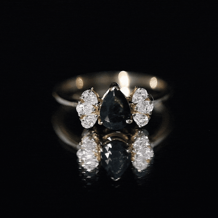 Pear Cut Black Opal Solitaire Engagement Ring with Diamond Trio