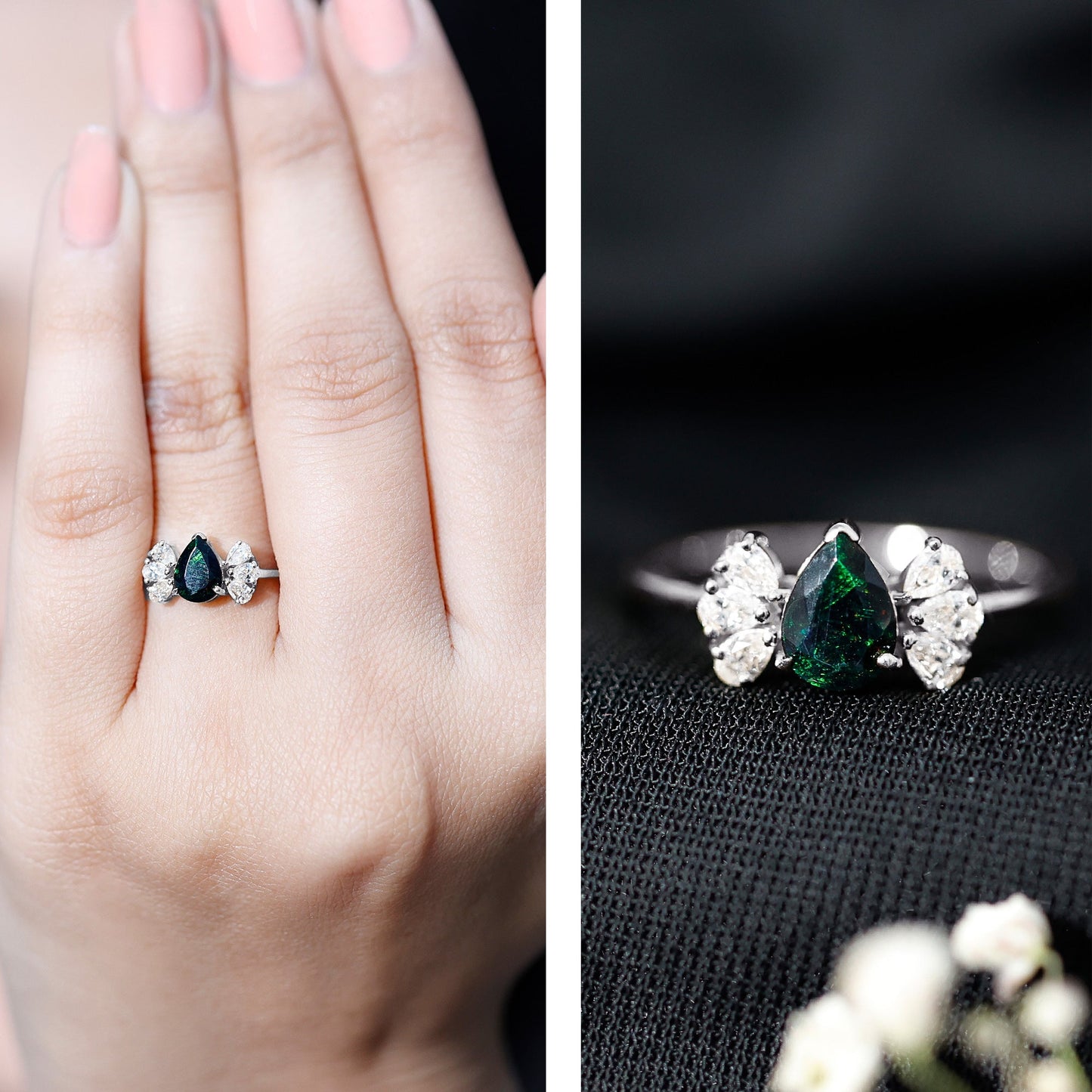 Pear Cut Black Opal Solitaire Engagement Ring with Diamond Trio