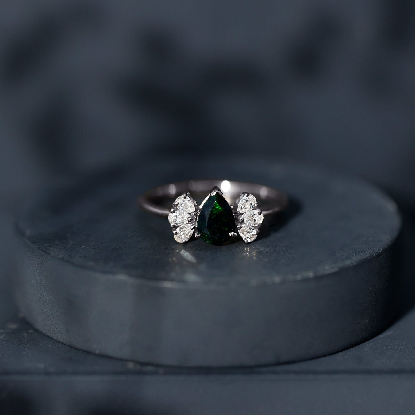 Pear Cut Black Opal Solitaire Engagement Ring with Diamond Trio