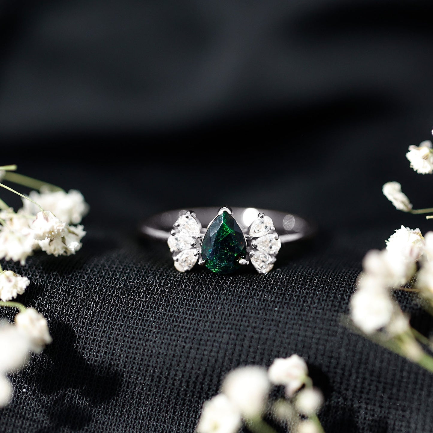 Pear Cut Black Opal Solitaire Engagement Ring with Diamond Trio
