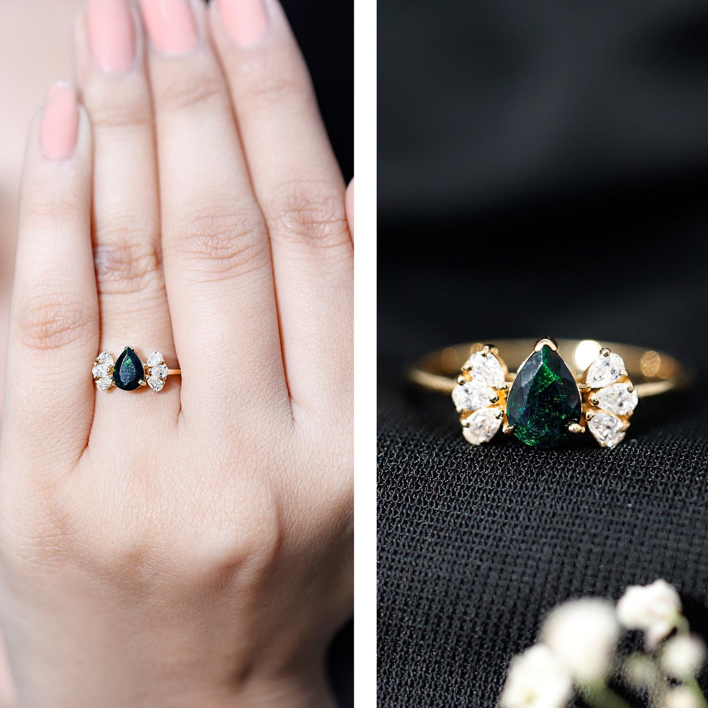 Pear Cut Black Opal Solitaire Engagement Ring with Diamond Trio