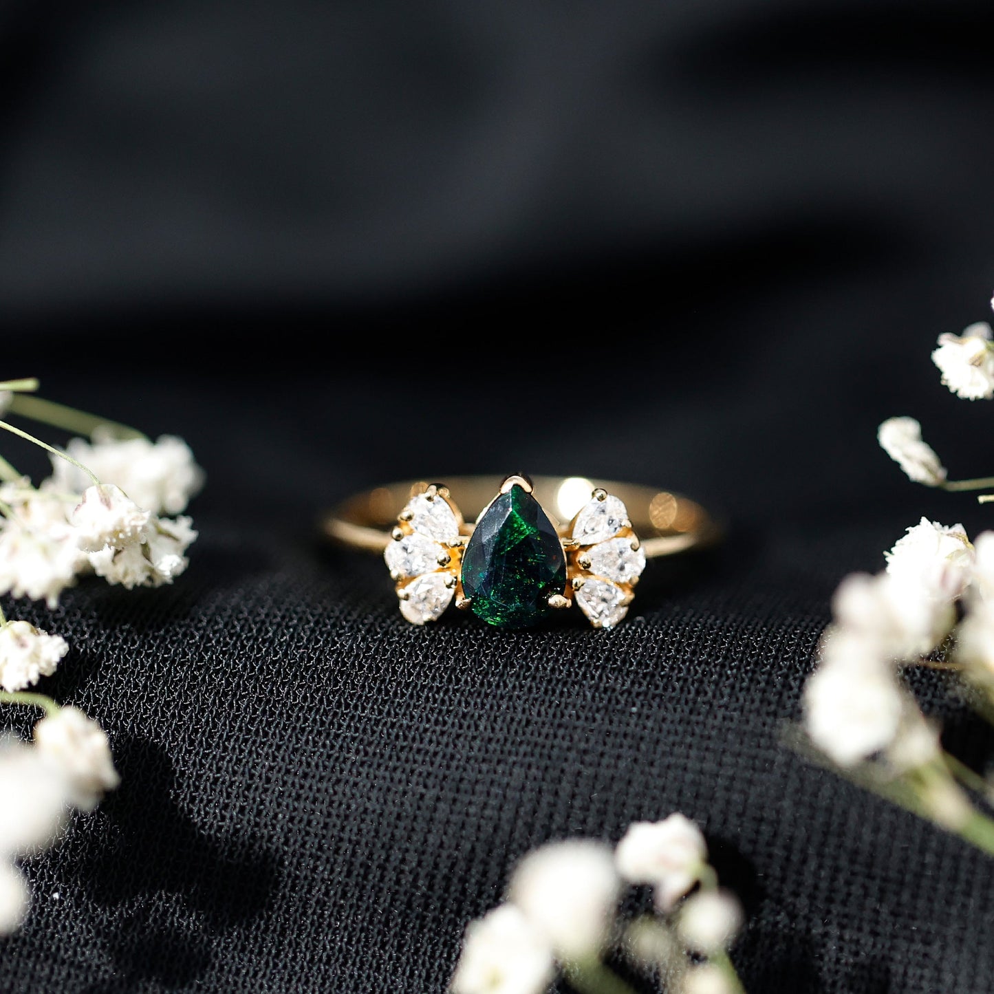 Pear Cut Black Opal Solitaire Engagement Ring with Diamond Trio