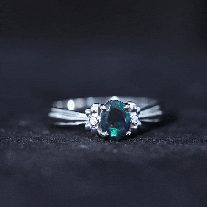 0.9 Carat Oval Cut Black Opal Solitaire Engagement Ring with Diamond