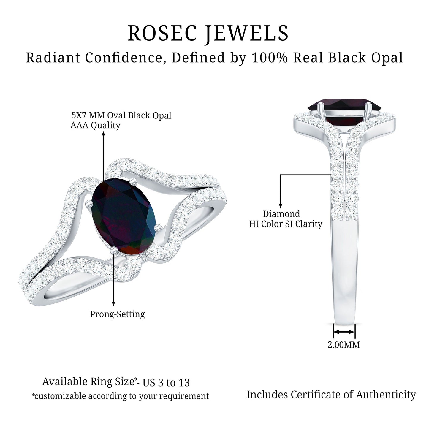 Oval Cut Black Opal and Diamond Split Shank Engagement Ring