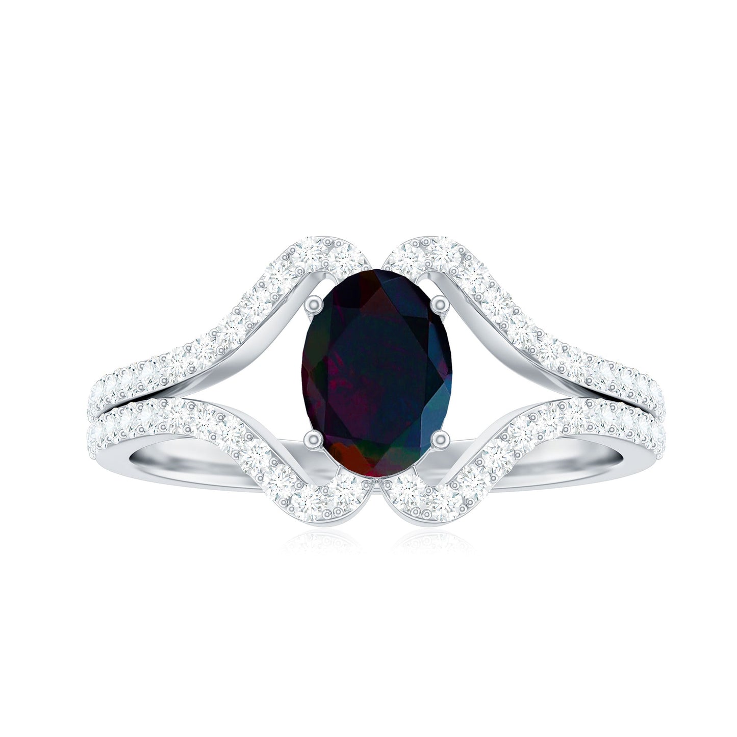 Oval Cut Black Opal and Diamond Split Shank Engagement Ring