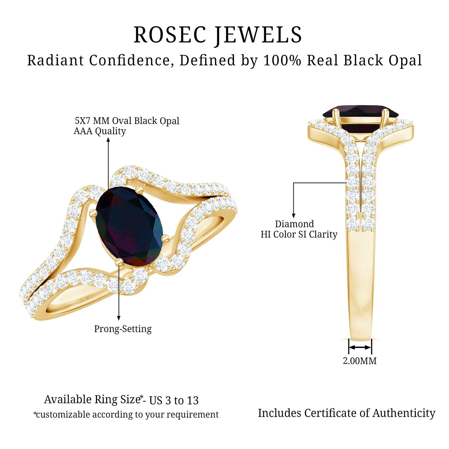 Oval Cut Black Opal and Diamond Split Shank Engagement Ring