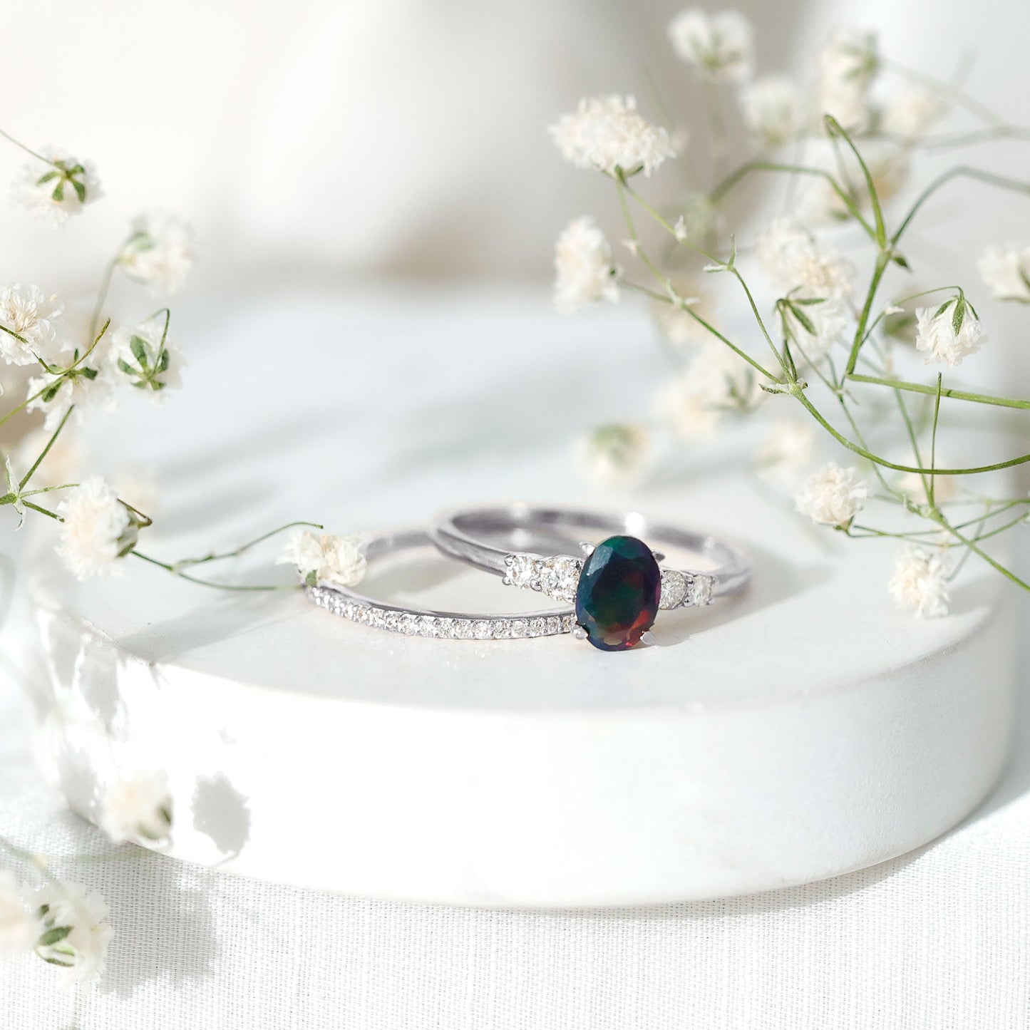 0.9 Carat Black Opal and Diamond Oval Wedding Ring Set