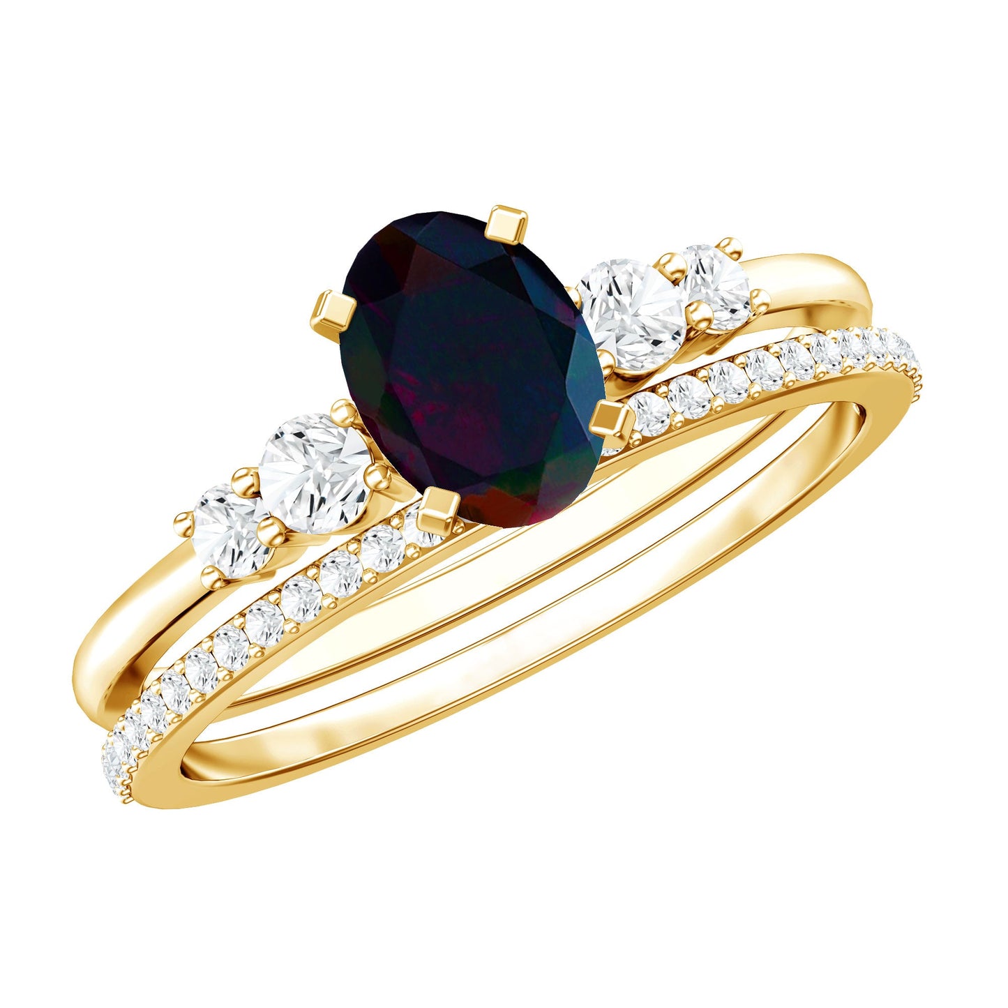0.9 Carat Black Opal and Diamond Oval Wedding Ring Set