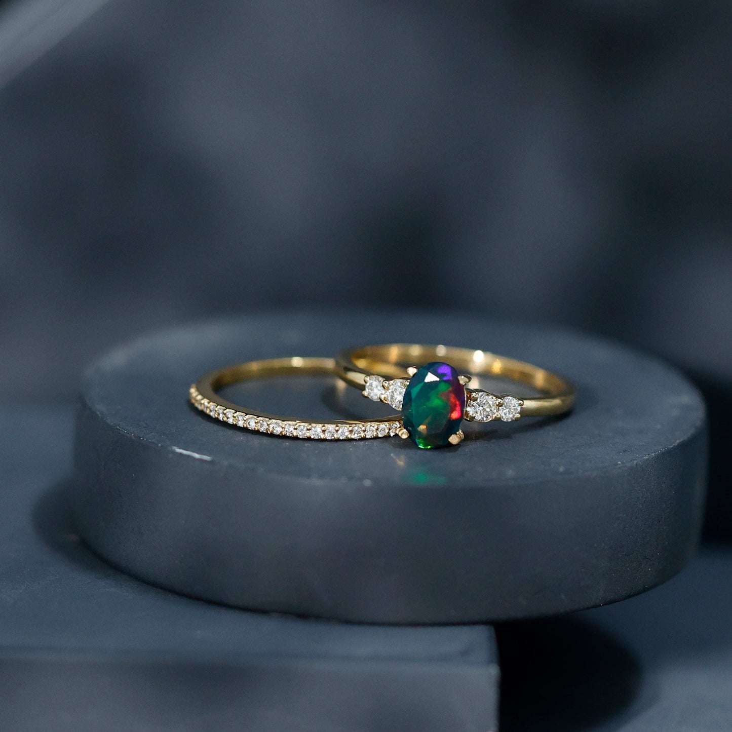 0.9 Carat Black Opal and Diamond Oval Wedding Ring Set
