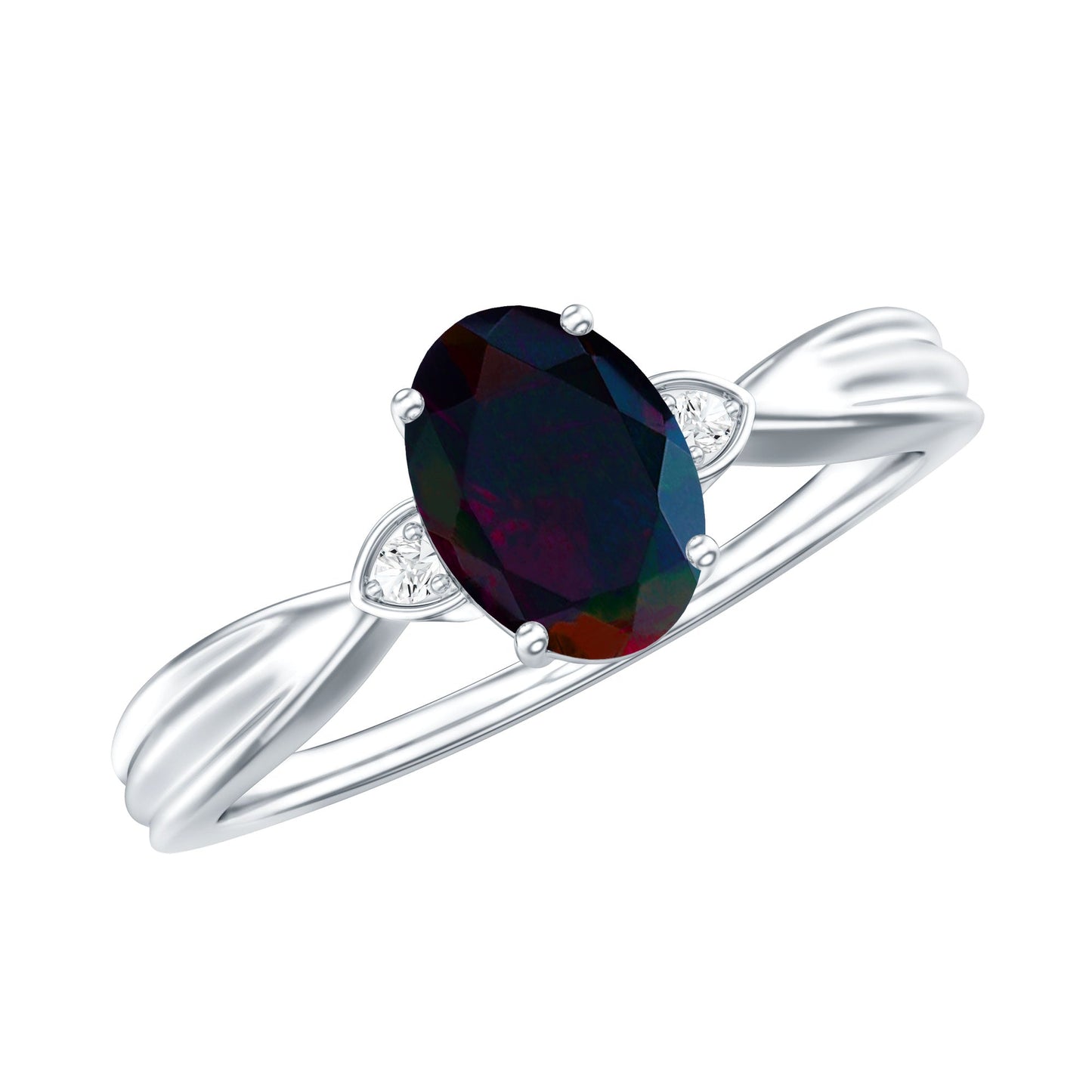 Oval Cut Natural Black Opal Designer Ring with Diamond