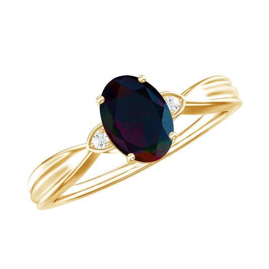 Oval Cut Natural Black Opal Designer Ring with Diamond