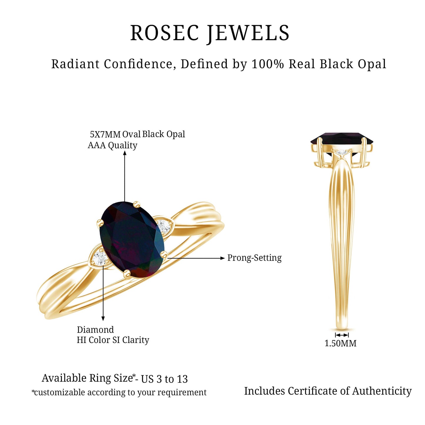 Oval Cut Natural Black Opal Designer Ring with Diamond