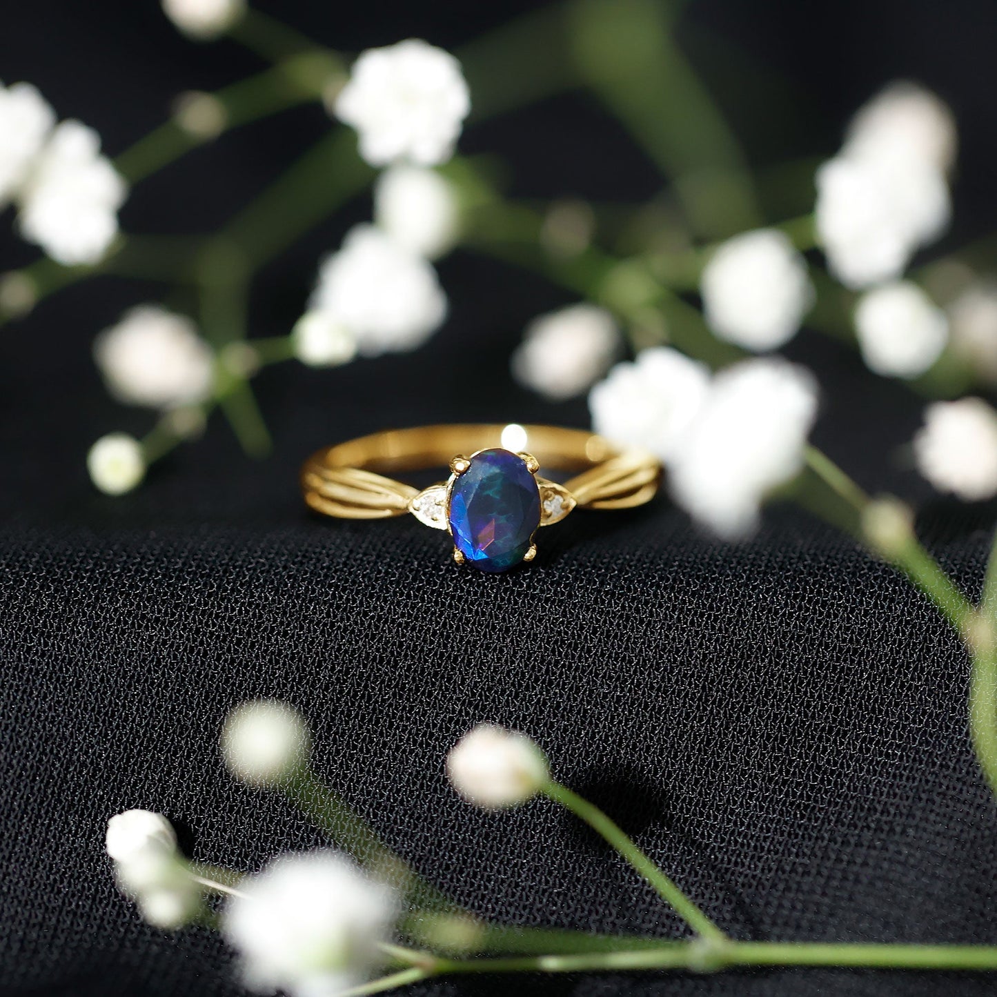 Oval Cut Natural Black Opal Designer Ring with Diamond