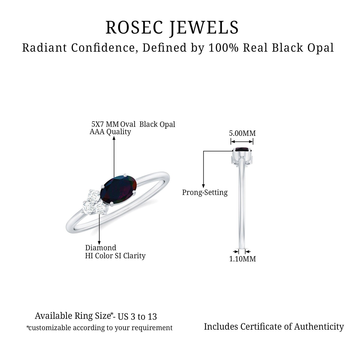 Oval Black Opal East West Ring with Diamond Trio