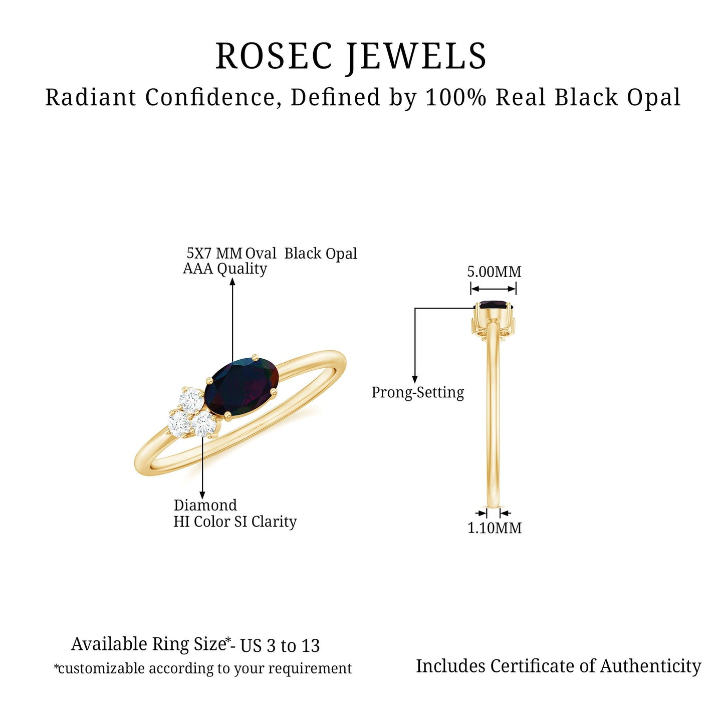 Oval Black Opal East West Ring with Diamond Trio