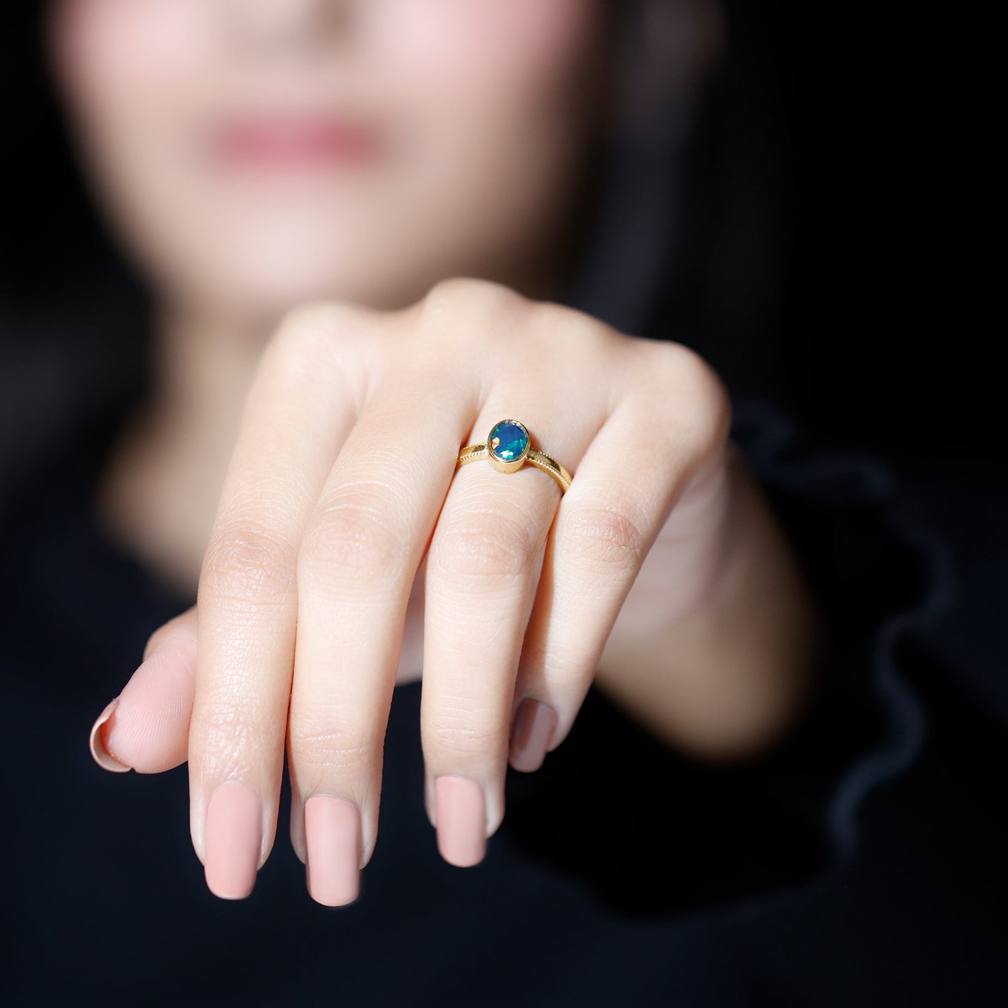 Oval Cut 0.9 Carat Black Opal Bezel Set Engagement Ring