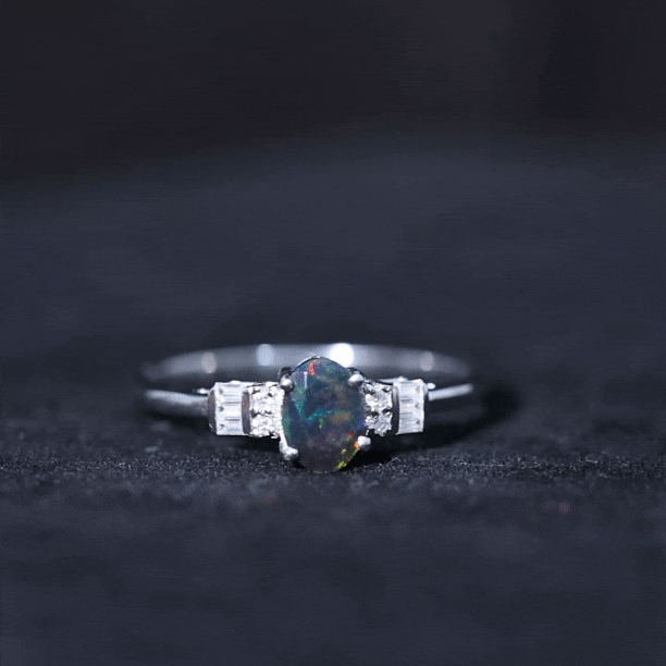 0.9 Carat Oval Cut Black Opal Engagement Ring with Diamond