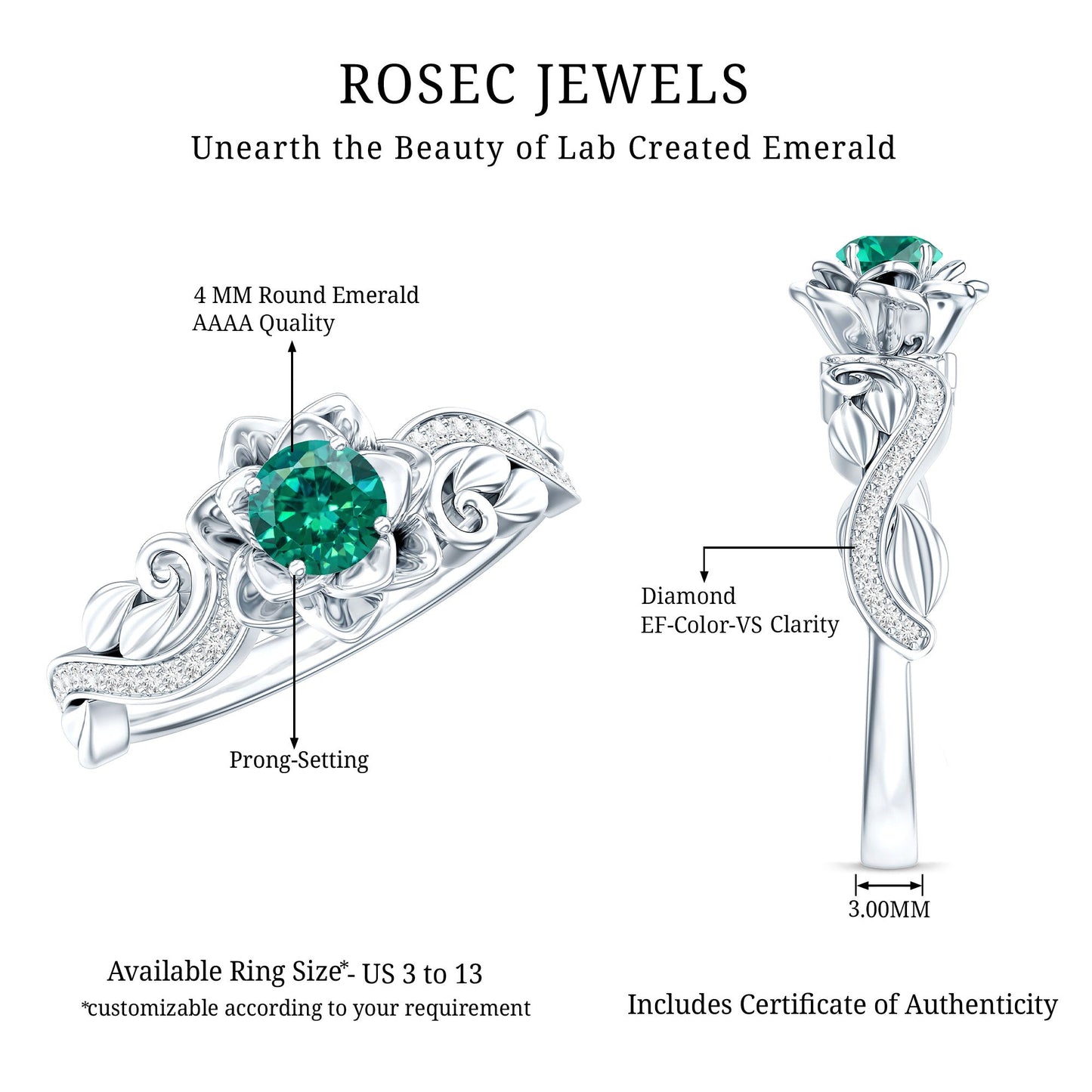 Lab Grown Emerald Diamond Flower Engagement Ring with Certificate