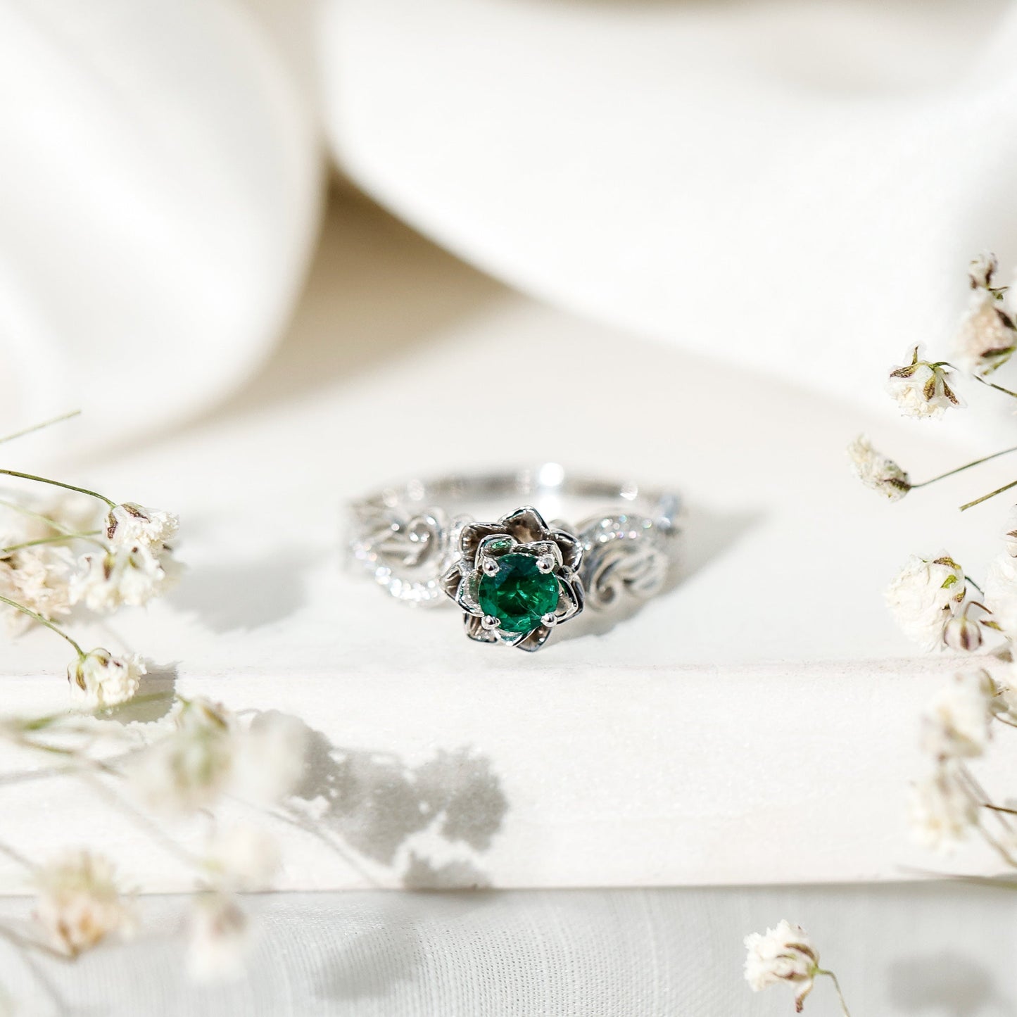 Lab Grown Emerald Diamond Flower Engagement Ring with Certificate