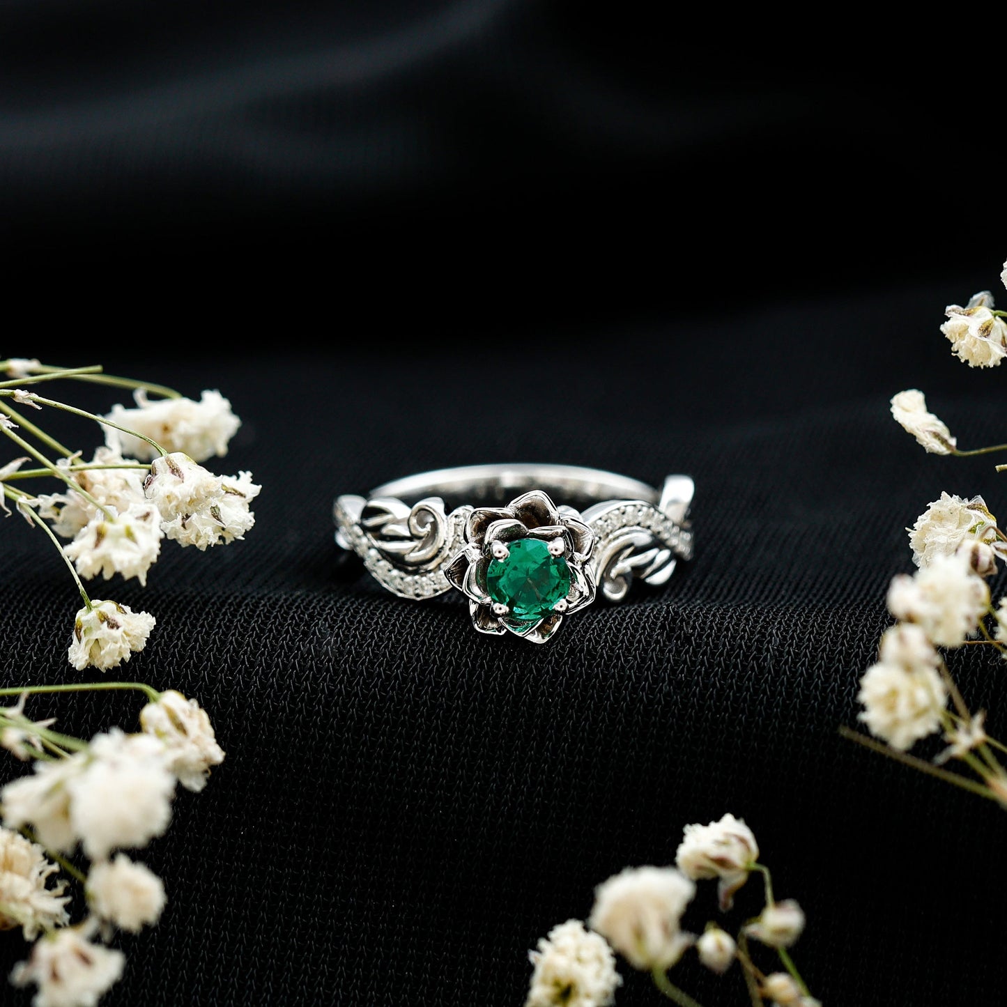 Lab Grown Emerald Diamond Flower Engagement Ring with Certificate