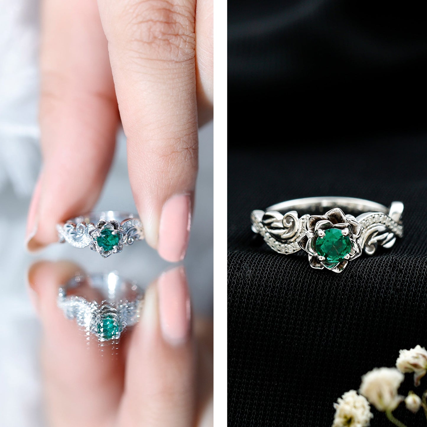 Lab Grown Emerald Diamond Flower Engagement Ring with Certificate