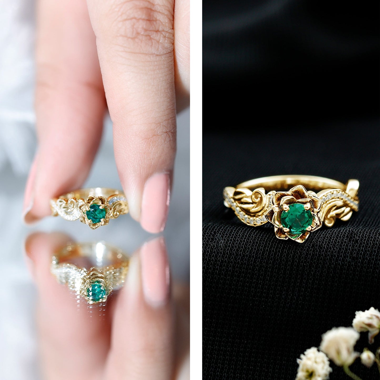 Lab Grown Emerald Diamond Flower Engagement Ring with Certificate