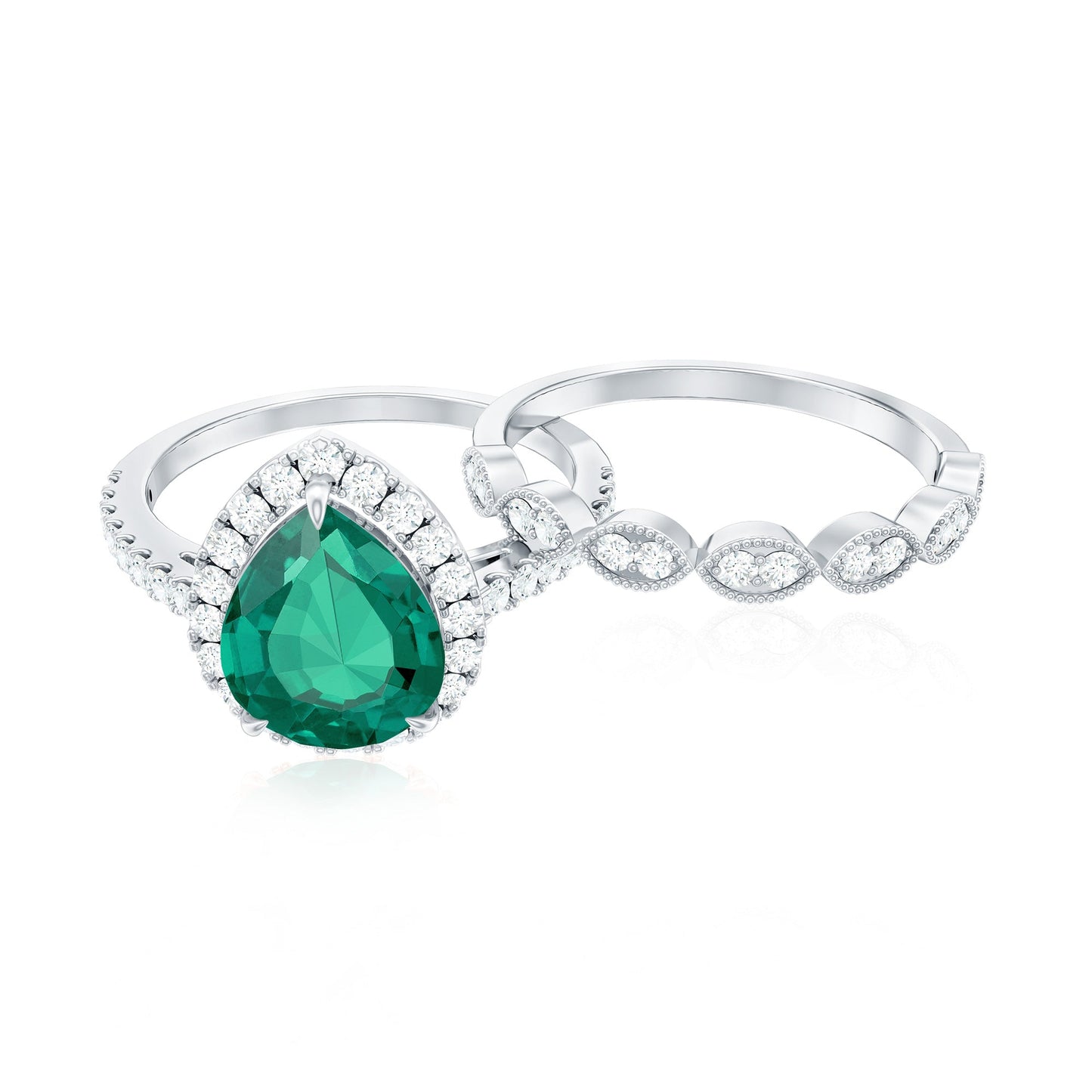 Designer Lab Grown Emerald Diamond Teardrop Engagement Ring with Wedding Band