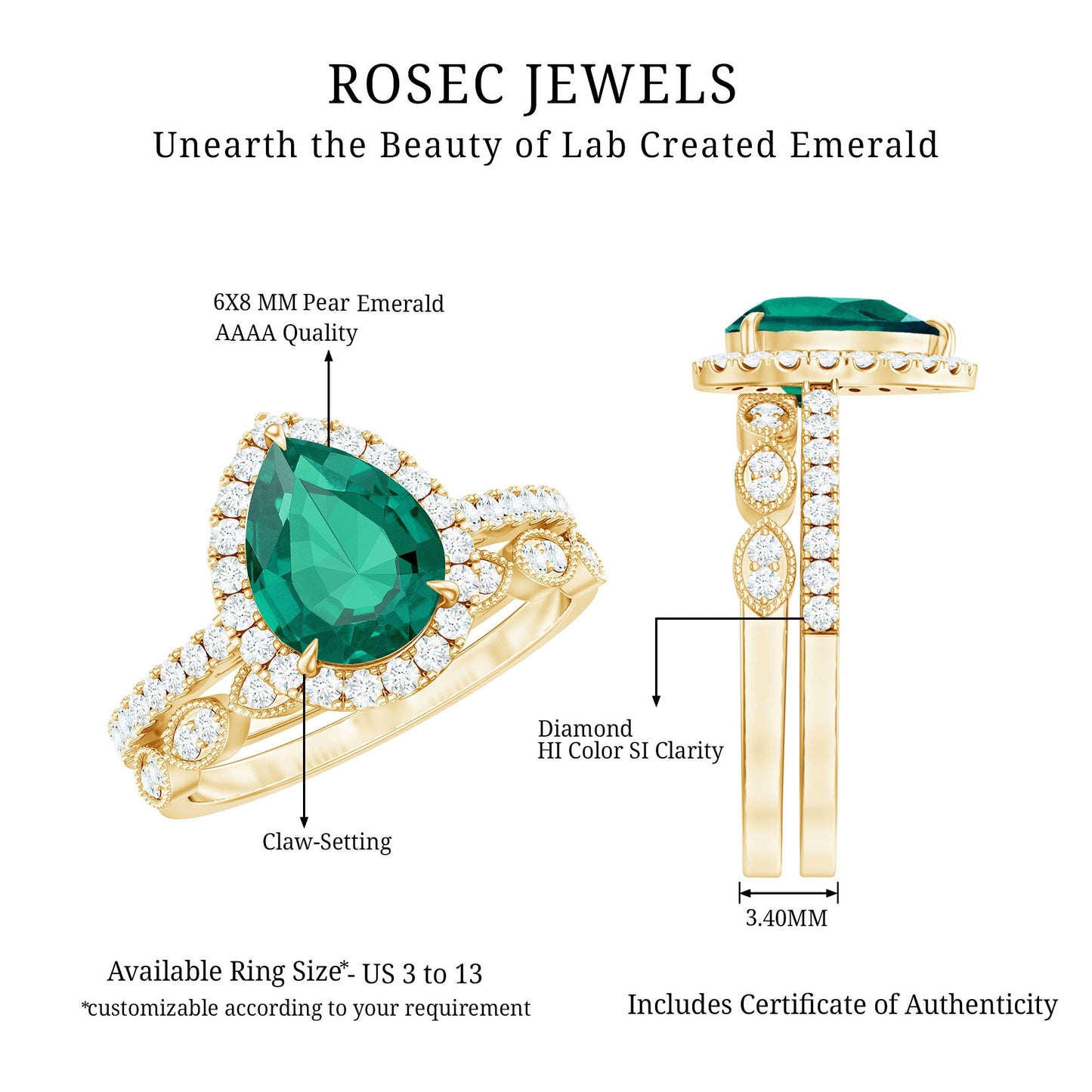 Designer Lab Grown Emerald Diamond Teardrop Engagement Ring with Wedding Band