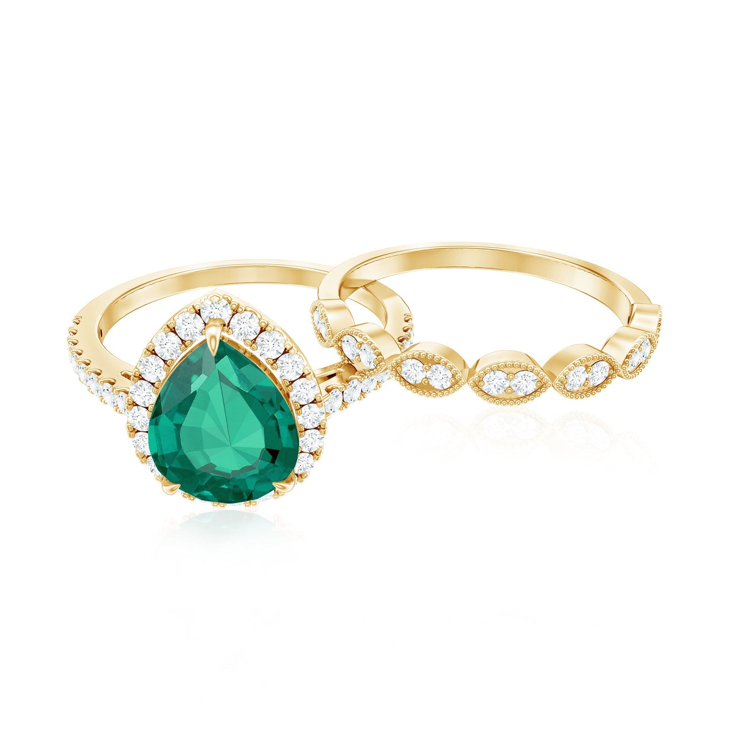 Designer Lab Grown Emerald Diamond Teardrop Engagement Ring with Wedding Band