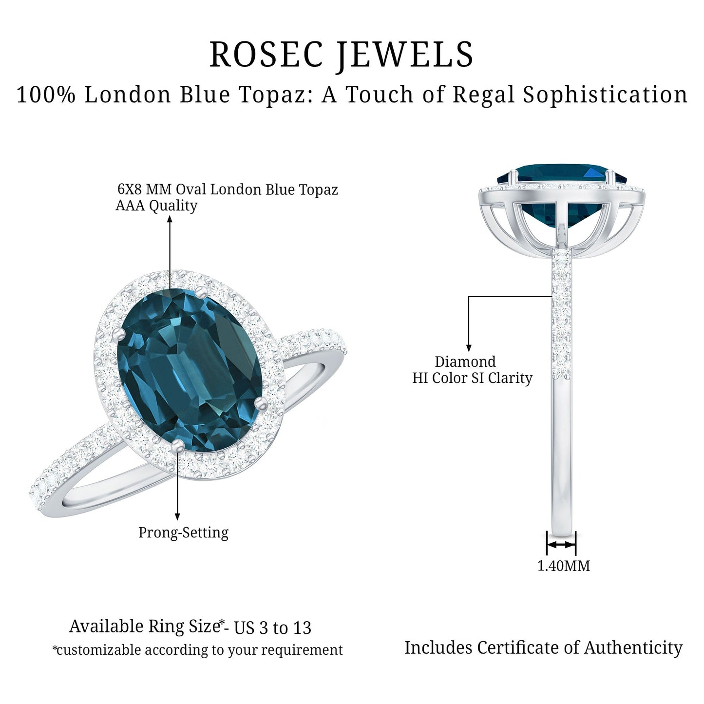 Classic London Blue Topaz Oval Engagement Ring with Diamond Halo