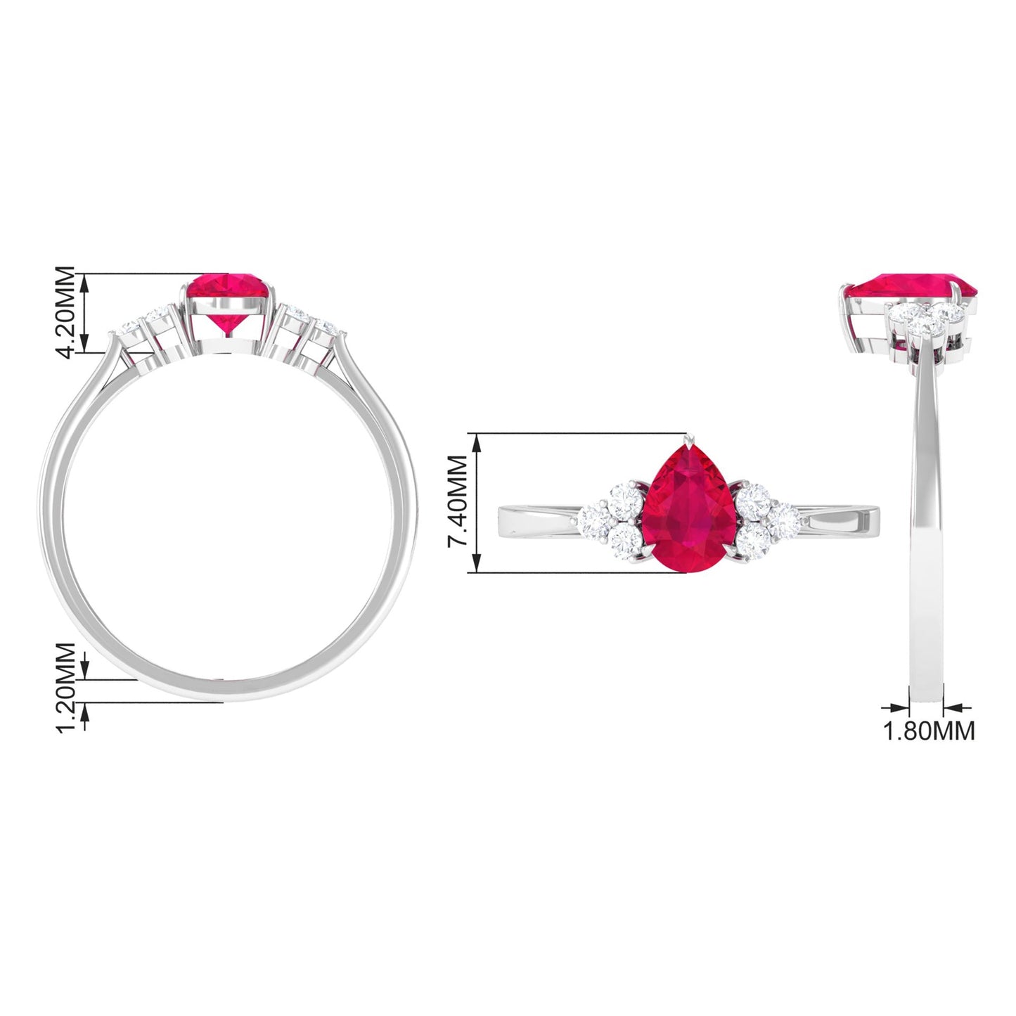Natural 0.8 Carat Ruby Teardrop Engagement Ring with Diamond Trio