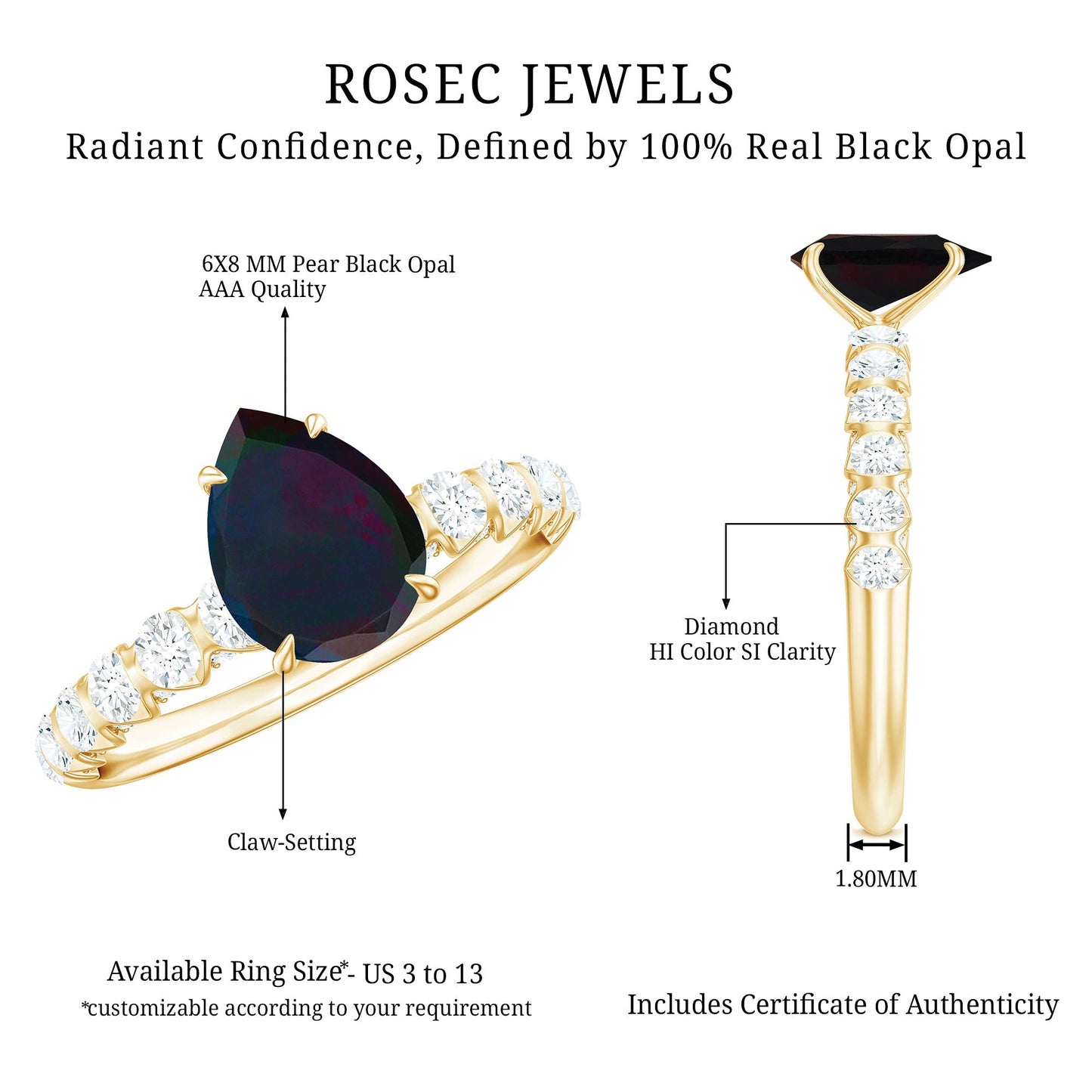 Pear Shape Black Opal Solitaire Engagement Ring with Diamond