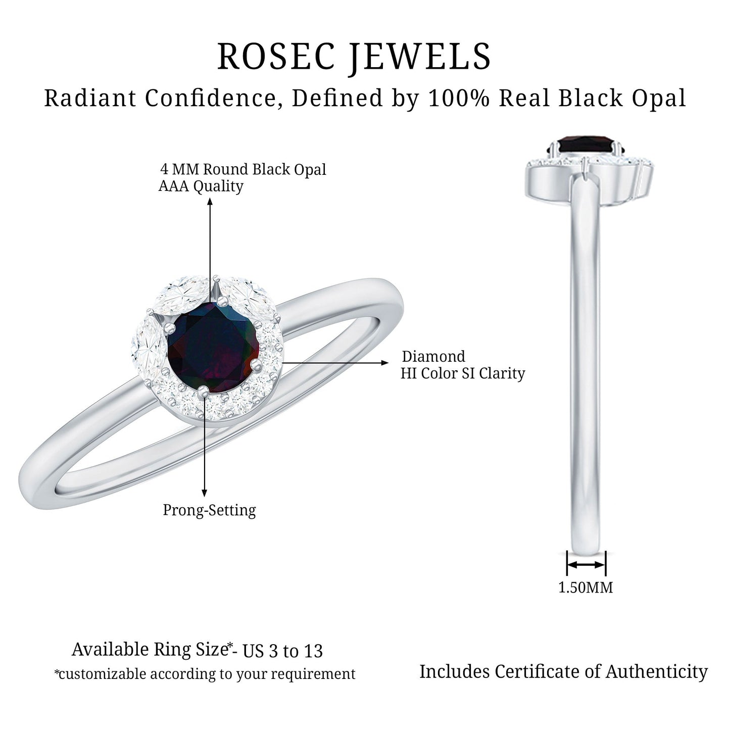 Minimal Black Opal and Diamond Halo Promise Ring