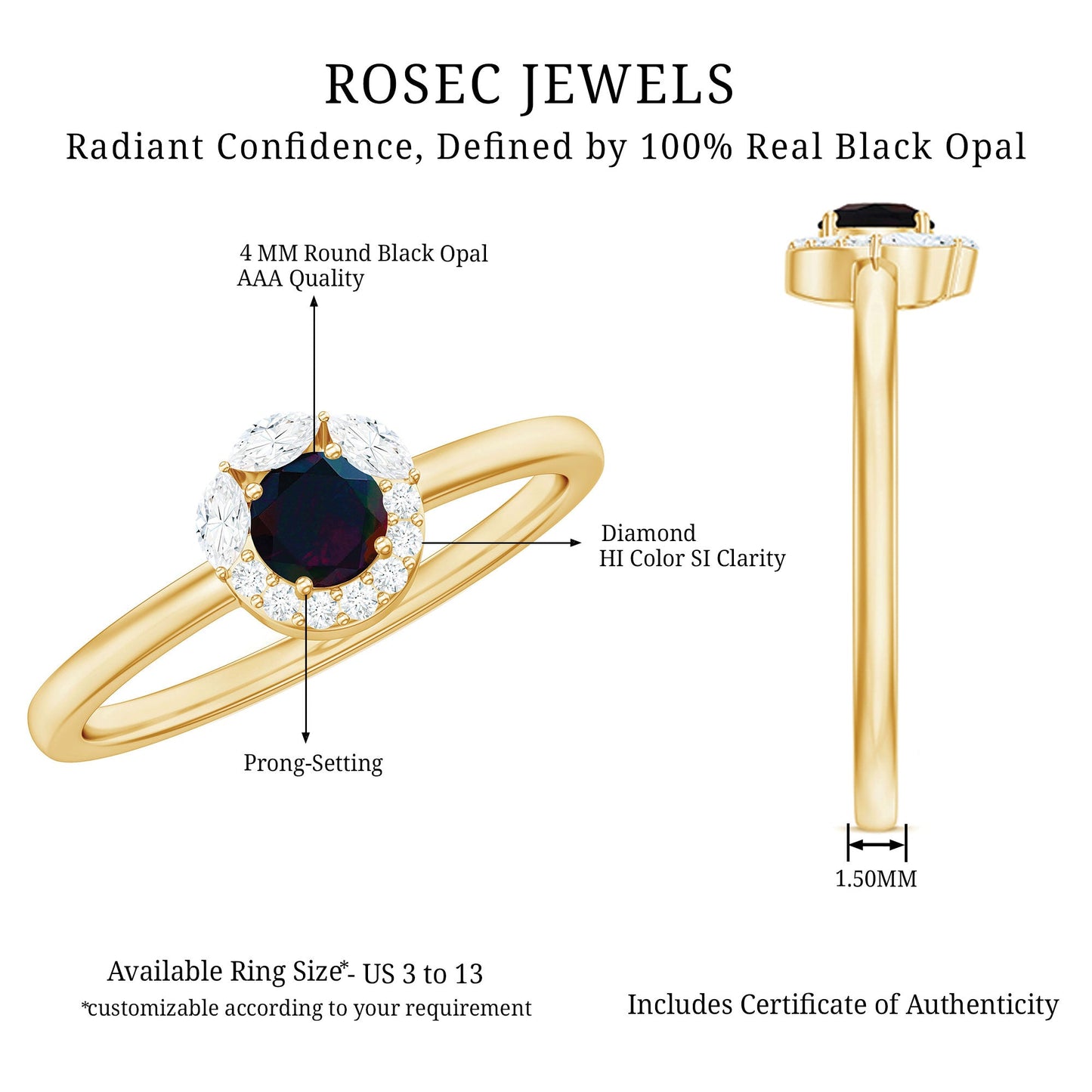 Minimal Black Opal and Diamond Halo Promise Ring