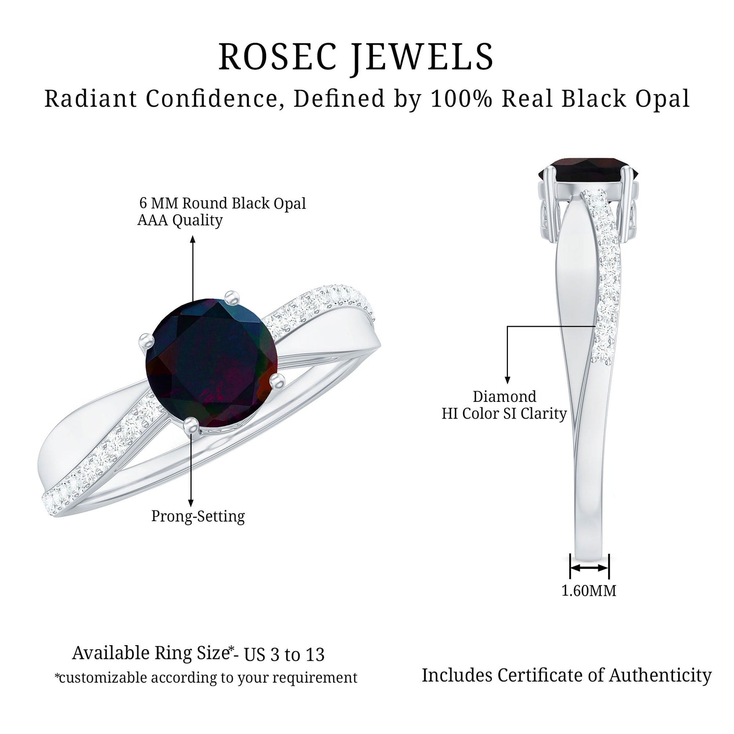 Classic Black Opal and Diamond Solitaire Engagement Ring