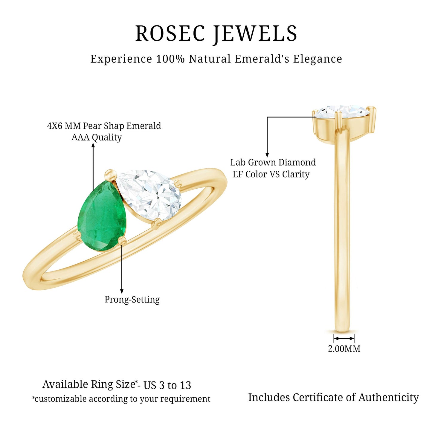 Natural Pear Shape Emerald Diamond 2 Stone Promise Ring