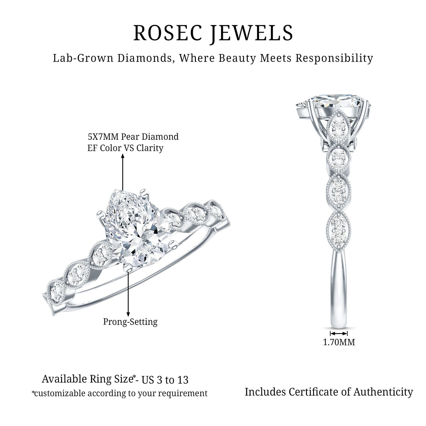 Pear Shape Lab Grown Diamond Scalloped Solitaire Ring