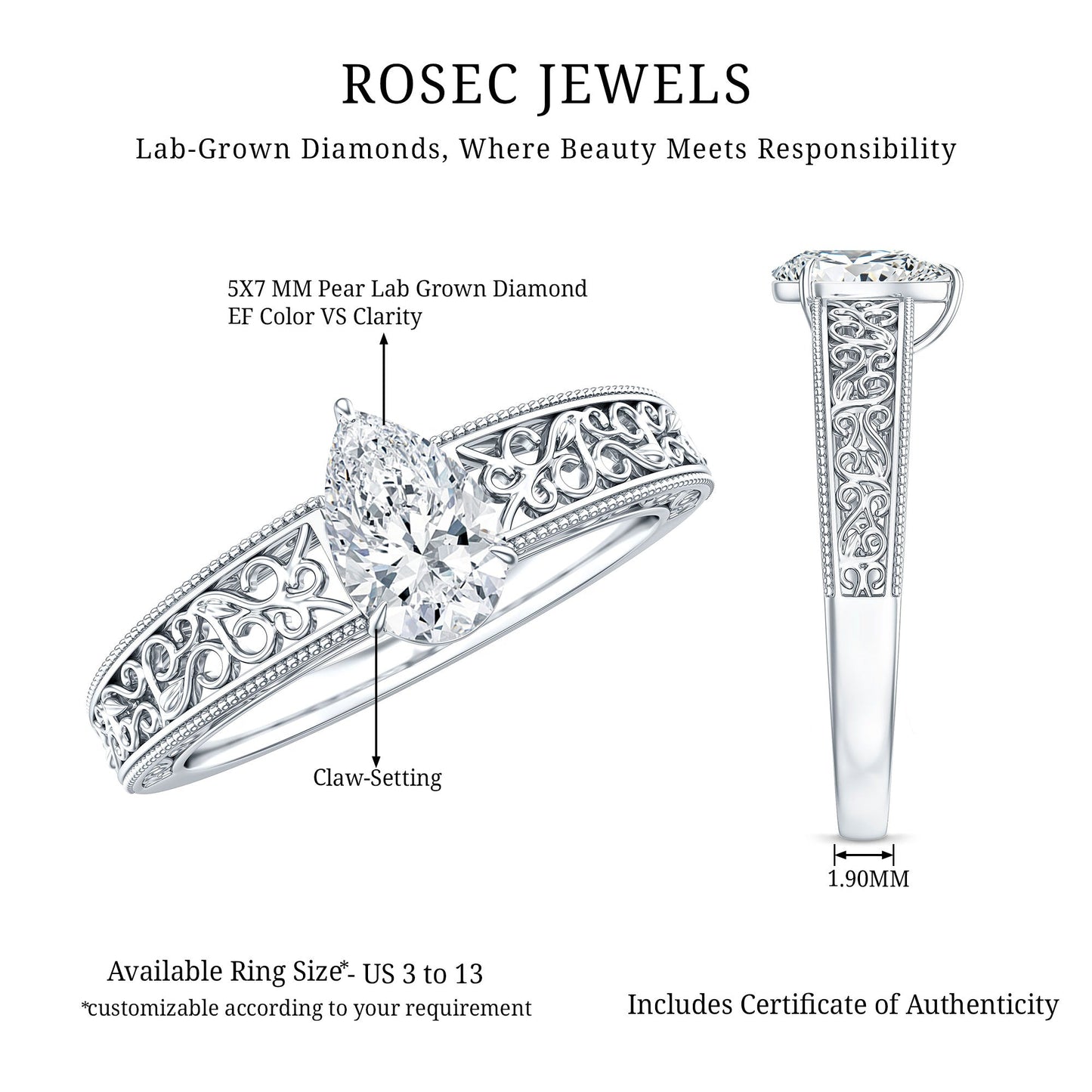 Pear Shape Lab Grown Diamond Vintage Inspired Solitaire Ring