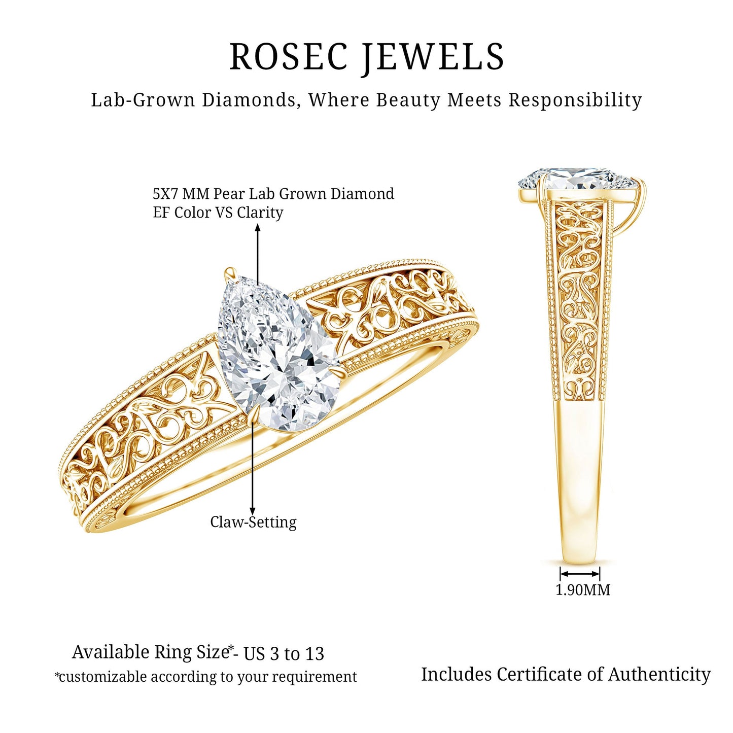 Pear Shape Lab Grown Diamond Vintage Inspired Solitaire Ring