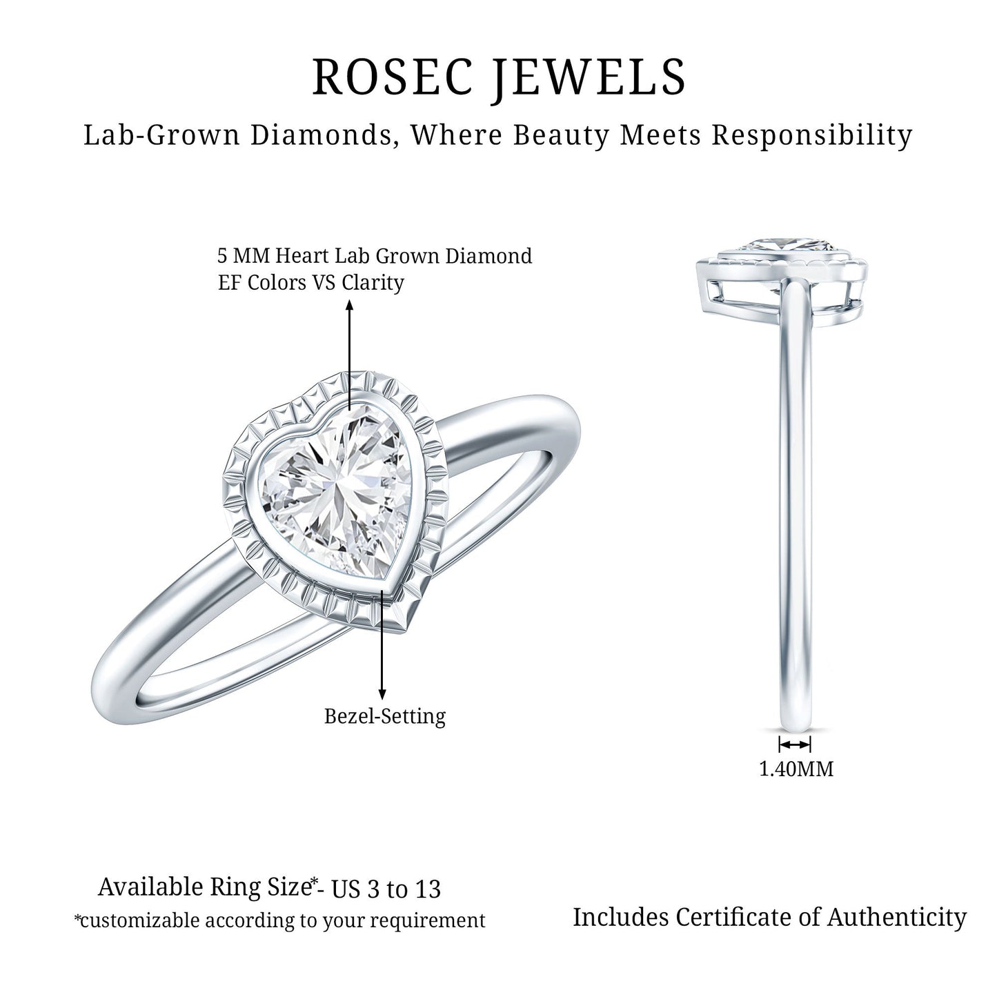 Lab Grown Diamond Heart Solitaire Ring with Engraved Details