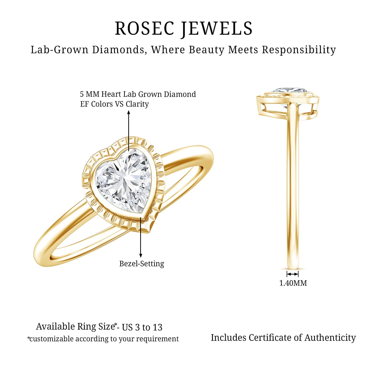 Lab Grown Diamond Heart Solitaire Ring with Engraved Details
