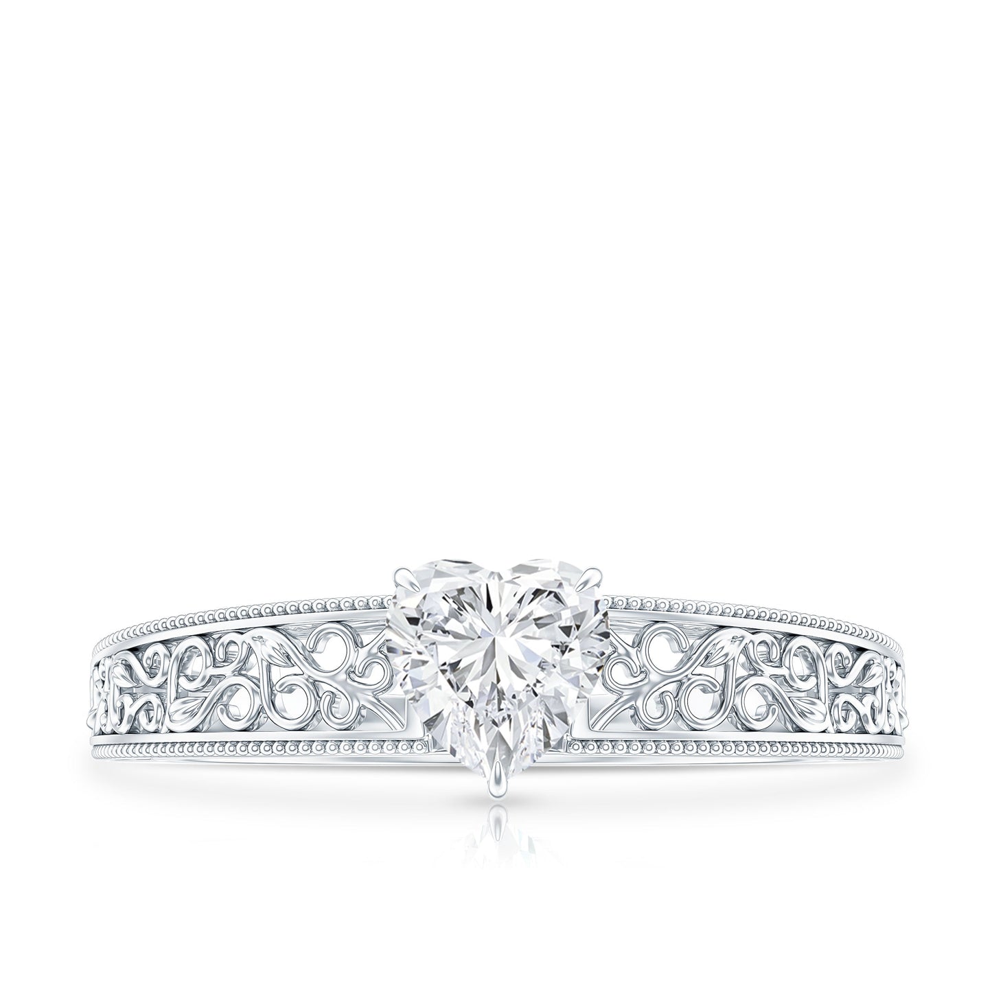 Vintage Inspired Heart Shape Lab Grown Diamond Solitaire Filigree Ring
