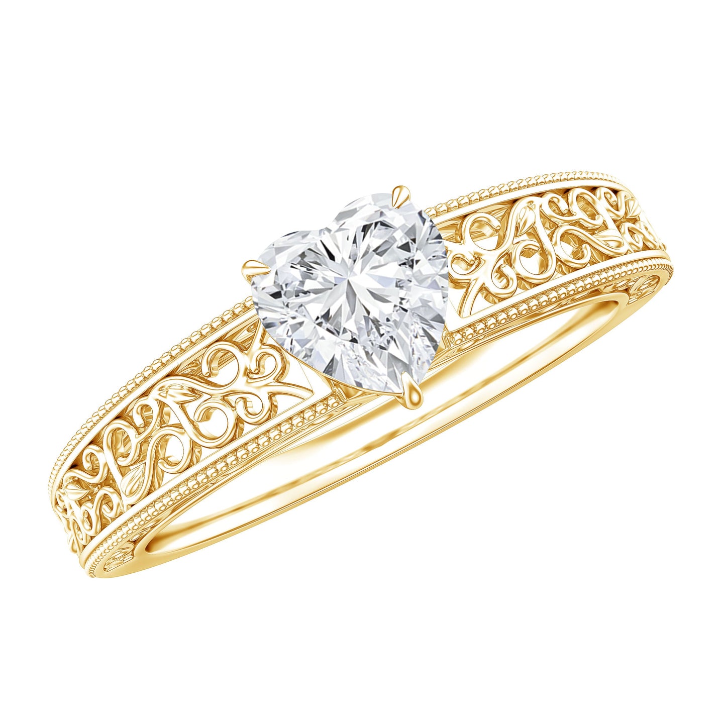 Vintage Inspired Heart Shape Lab Grown Diamond Solitaire Filigree Ring