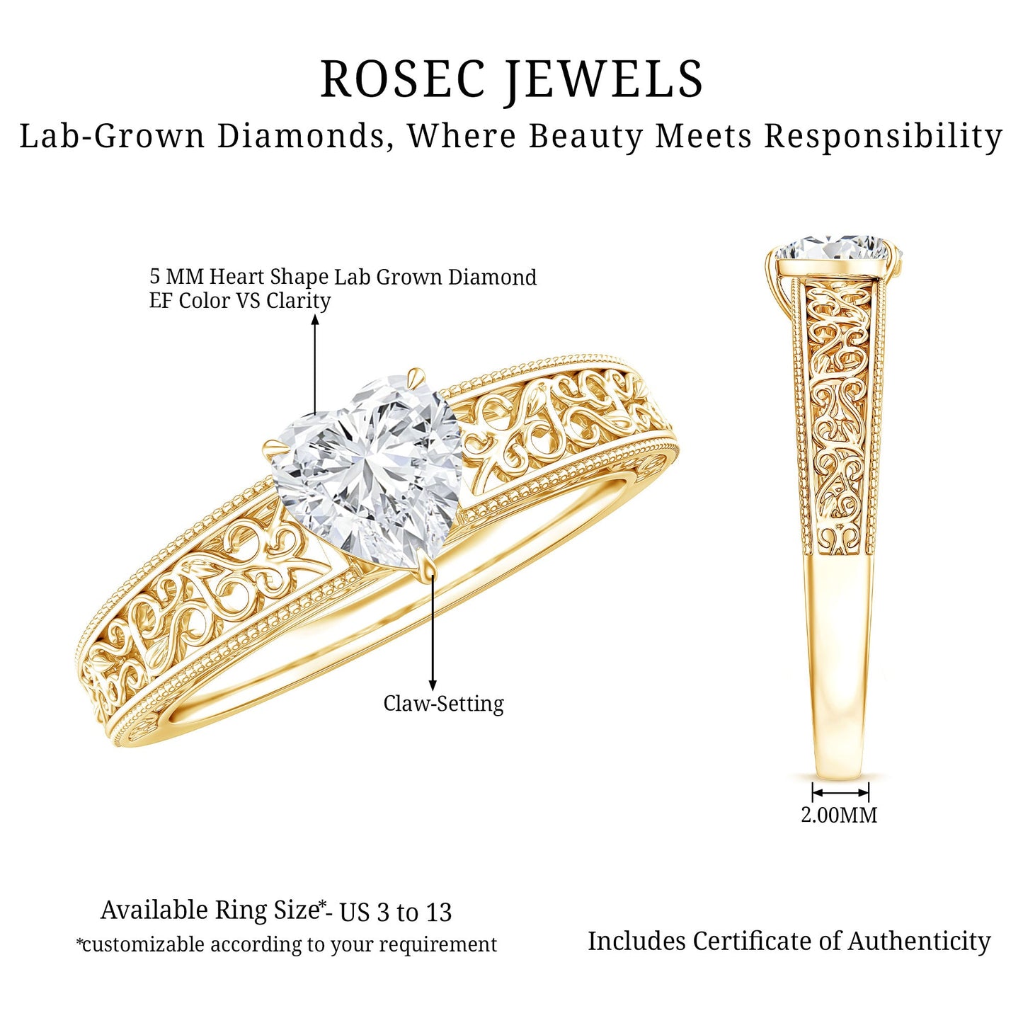 Vintage Inspired Heart Shape Lab Grown Diamond Solitaire Filigree Ring