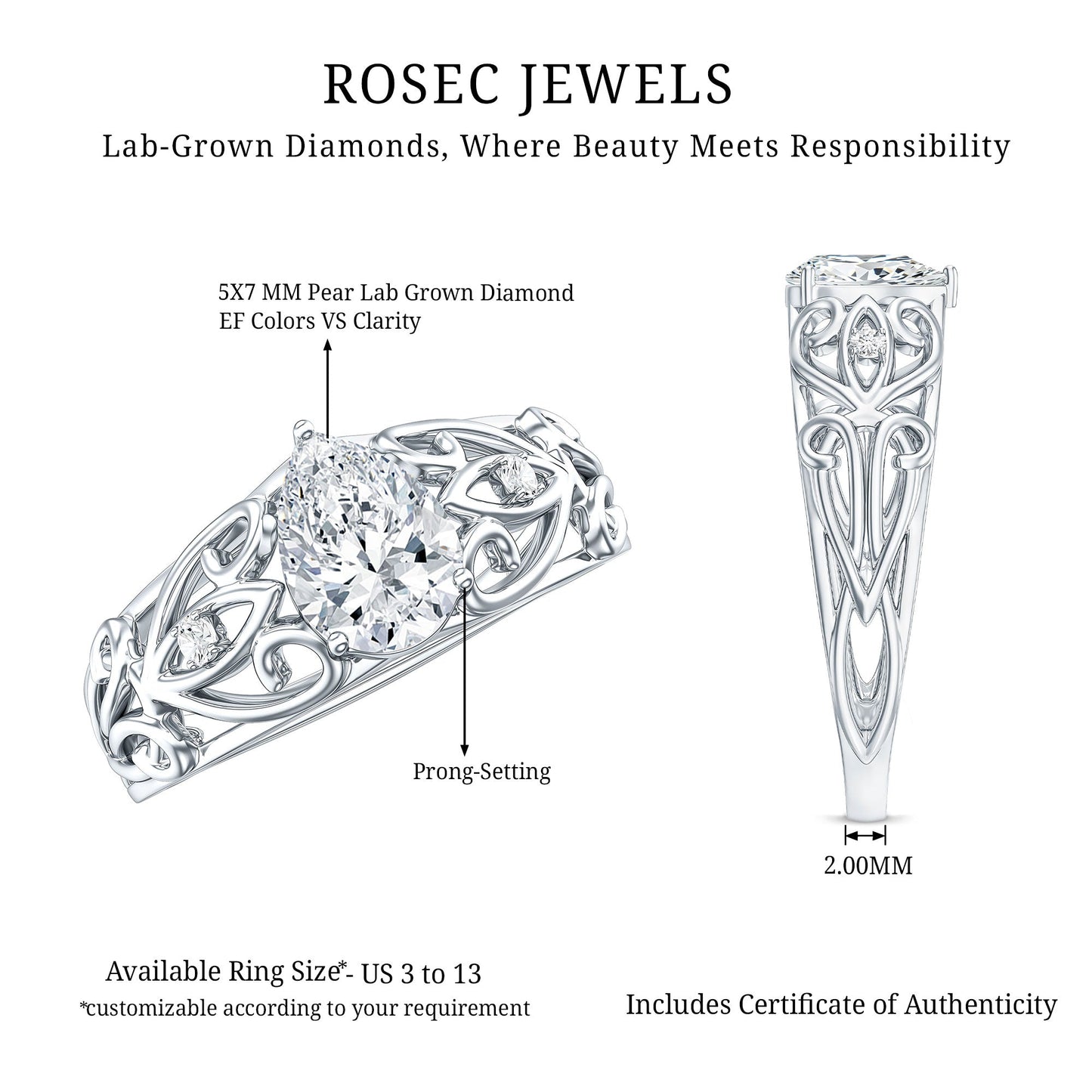 Pear Shaped Lab Created Diamond Solitaire Filigree Ring