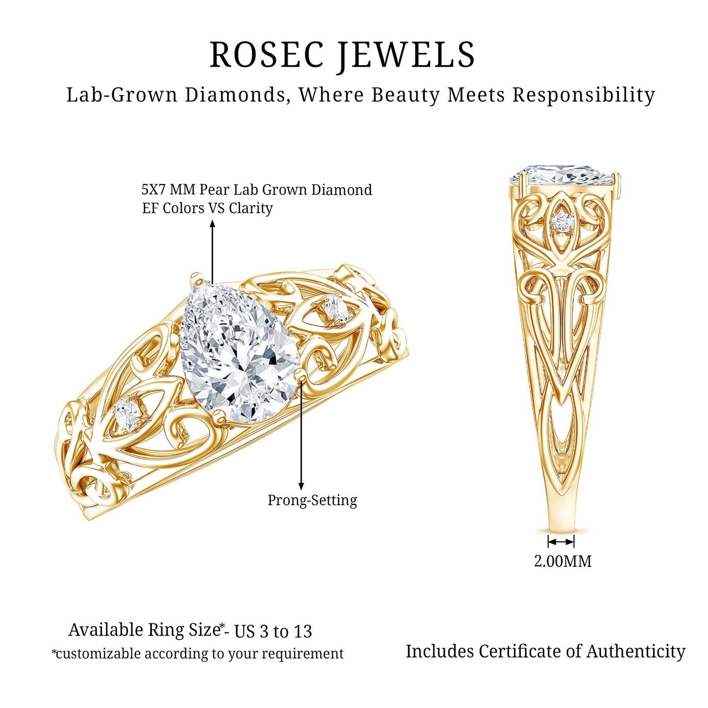 Pear Shaped Lab Created Diamond Solitaire Filigree Ring