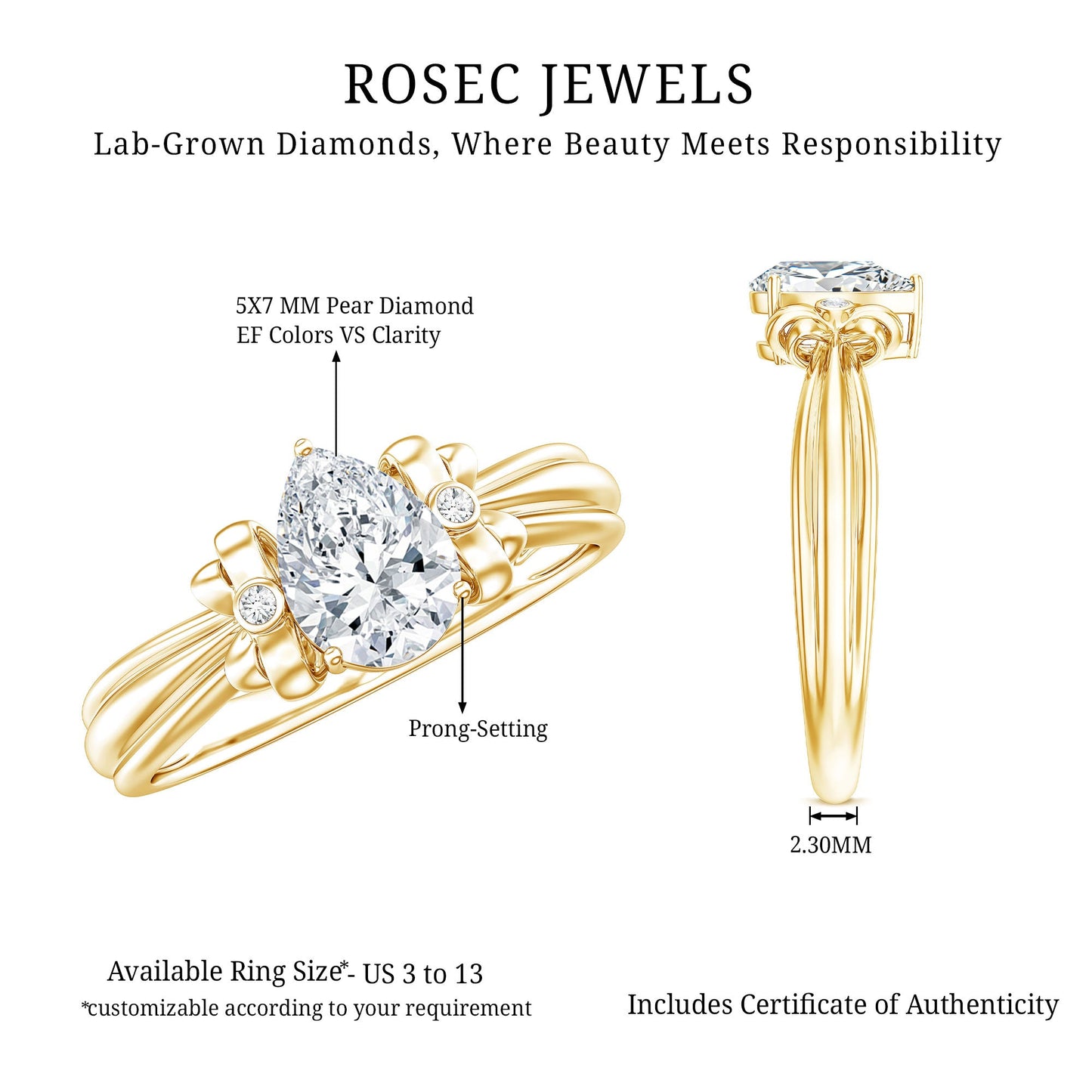 Pear Cut Lab Grown Diamond Solitaire Engagement Ring with Bow