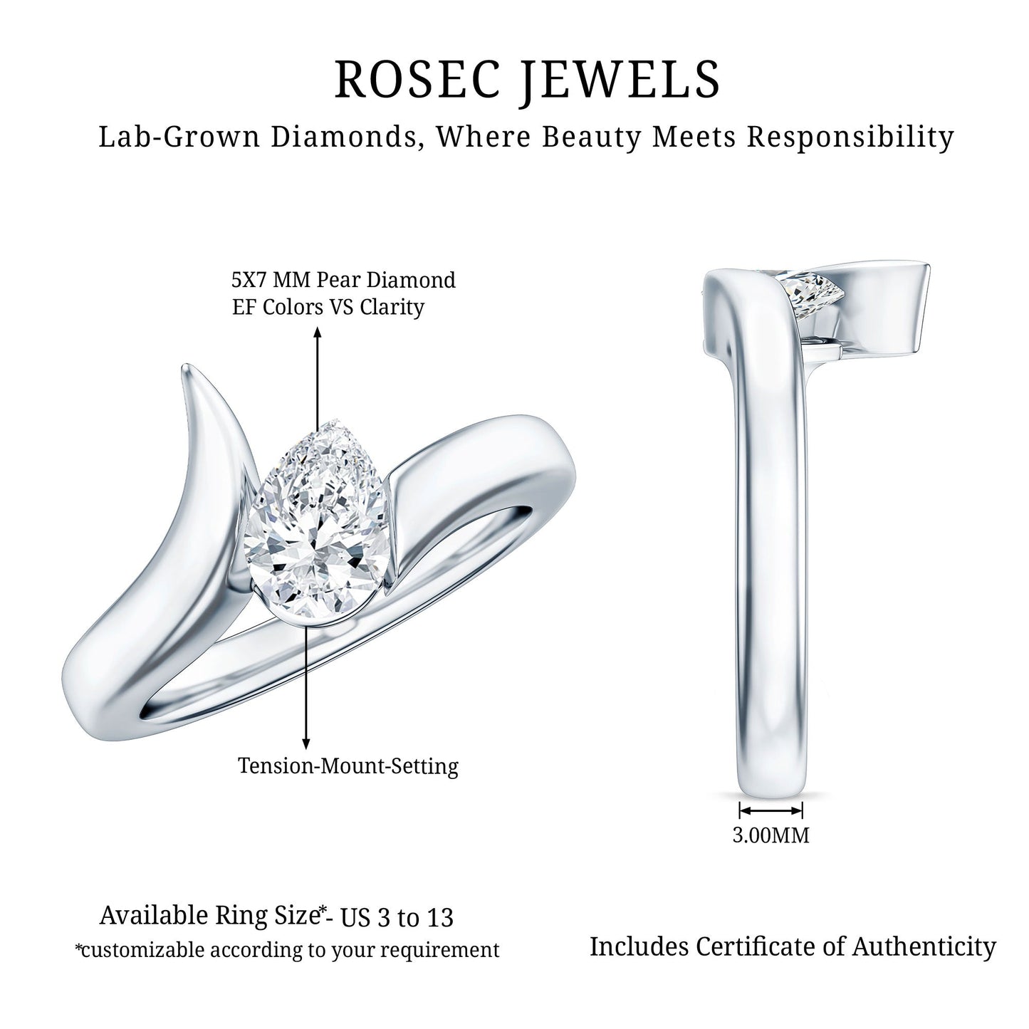 Pear Shape Lab Grown Diamond Solitaire Bypass Ring