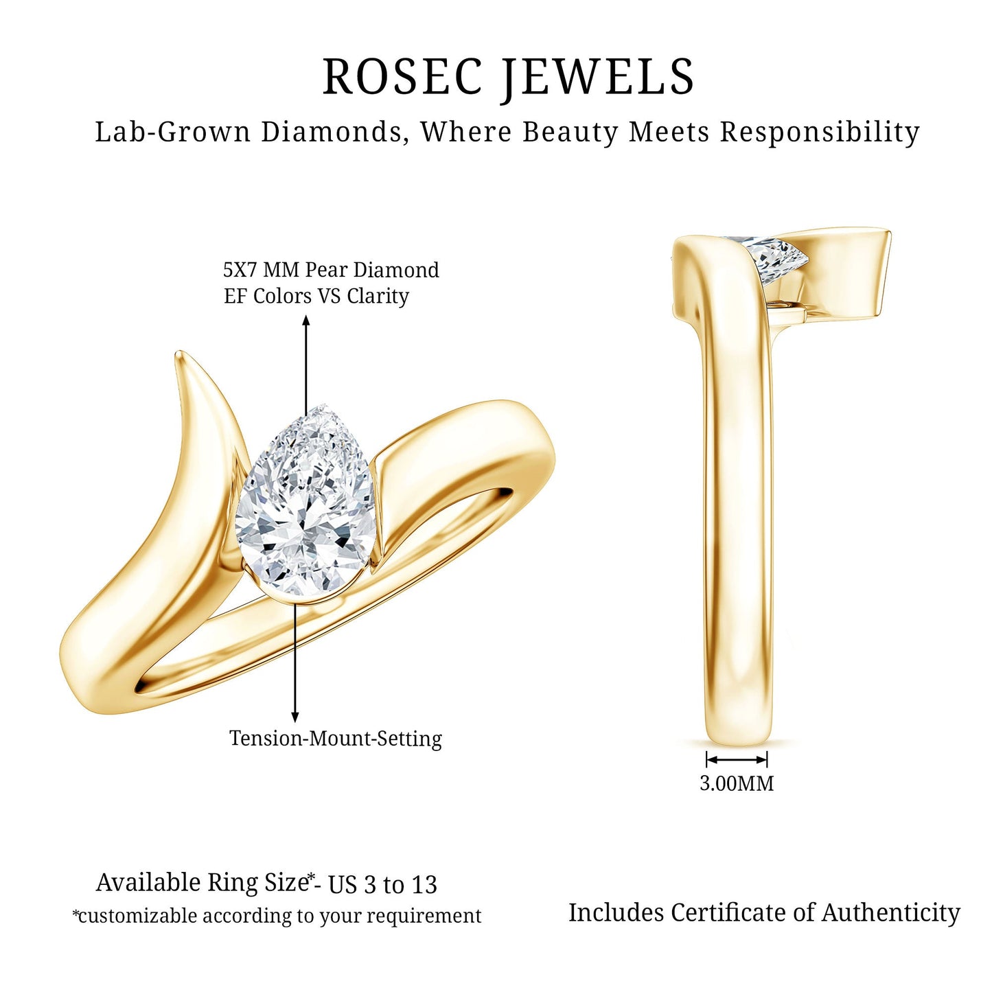 Pear Shape Lab Grown Diamond Solitaire Bypass Ring