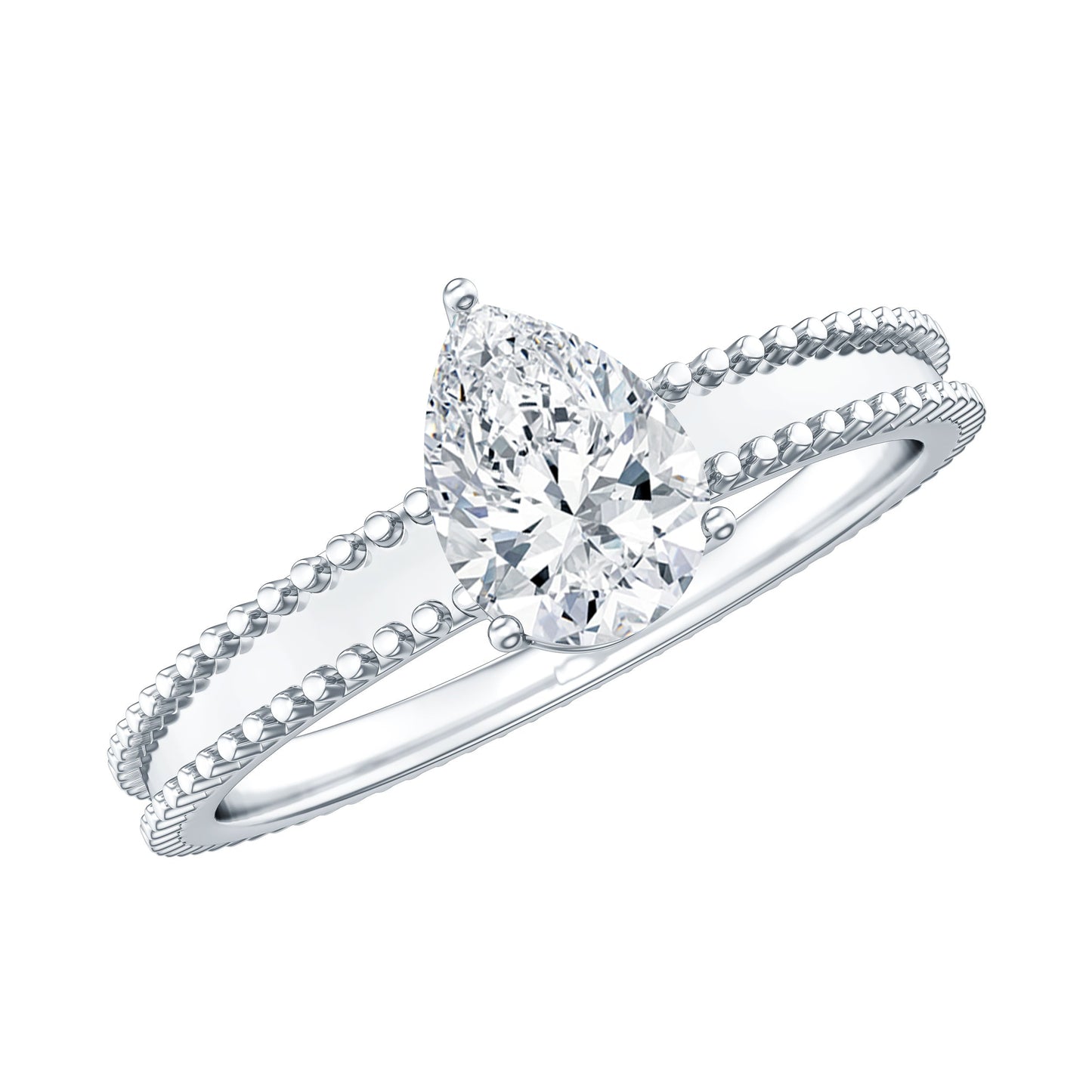 Pear Shaped Lab Grown Diamond Solitaire Ring with Beaded Detailing